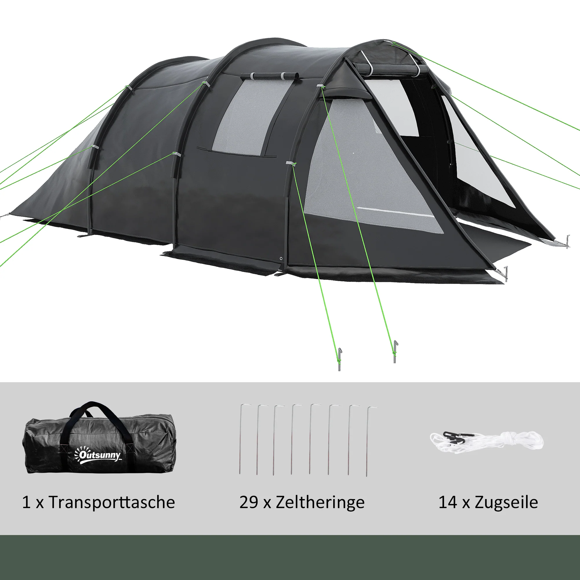 Kampeertent Trekkingtent Tent, weerbestendig, 2 kamers, 475 x 264 cm breedte x 172, Zwart
