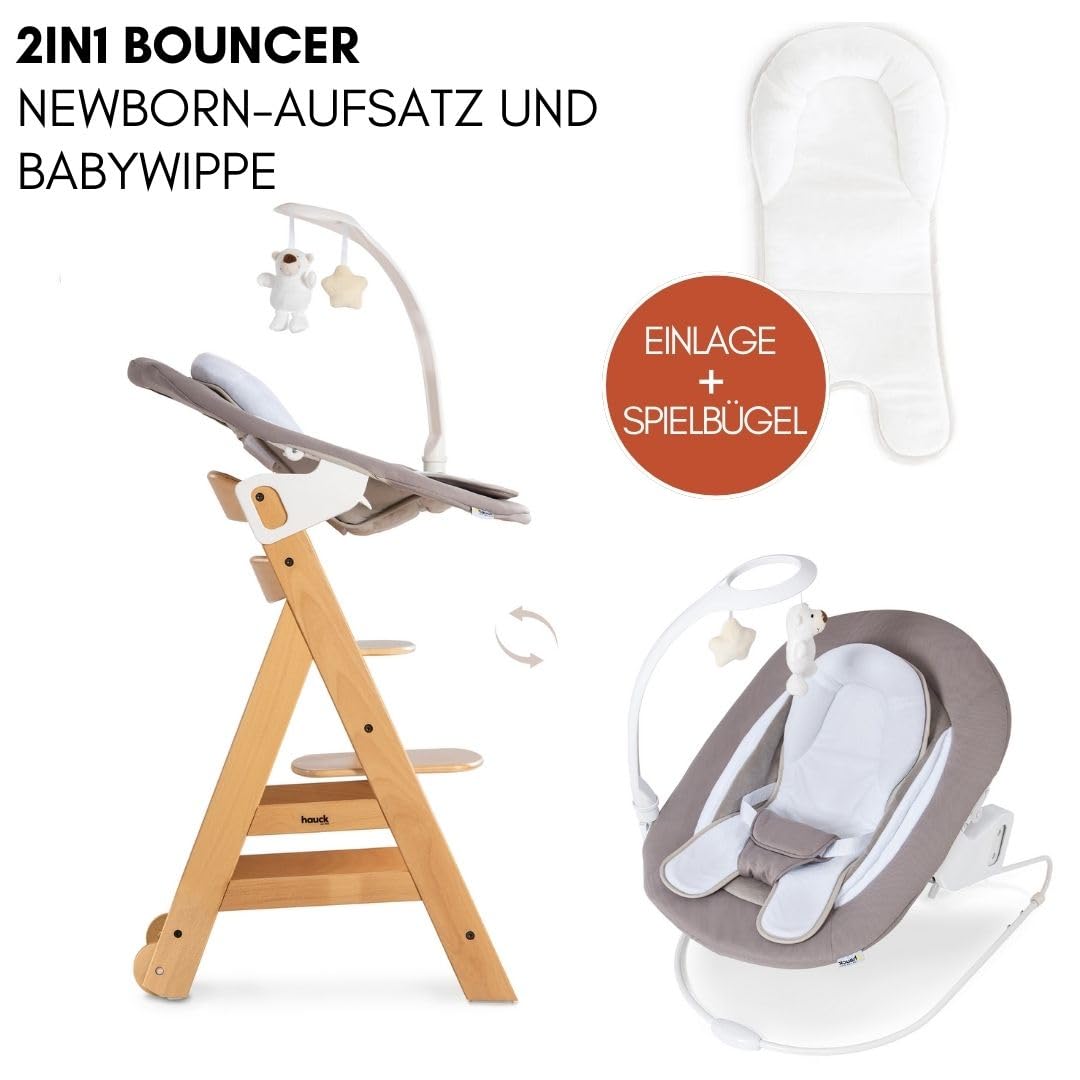 hauck Hochstuhl Beta+ Newborn Set Deluxe - Babyhochstuhl Set ab Geburt mit Neugeborenen Aufsatz Bouncer, Sitzpolster und Essbrett - Natural