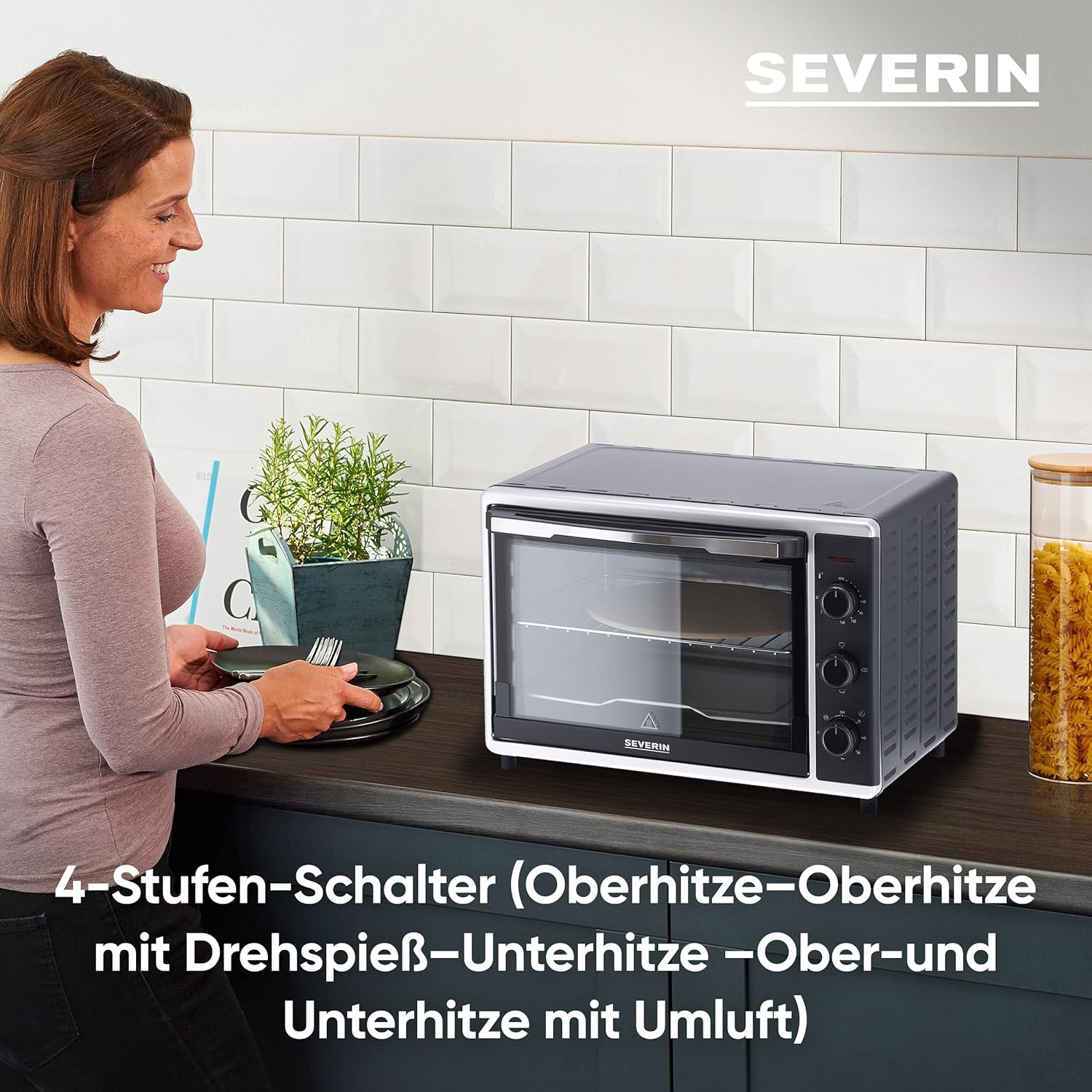 SEVERIN Back- und Toastofen mit Umluftfunktion, Mini Backofen mit Grillrost, Backblech, Drehspie und Pizzastein, vielseitiger Heiluftofen mit 42 L Kapazitt, 1.800 W, schwarz, TO 2058