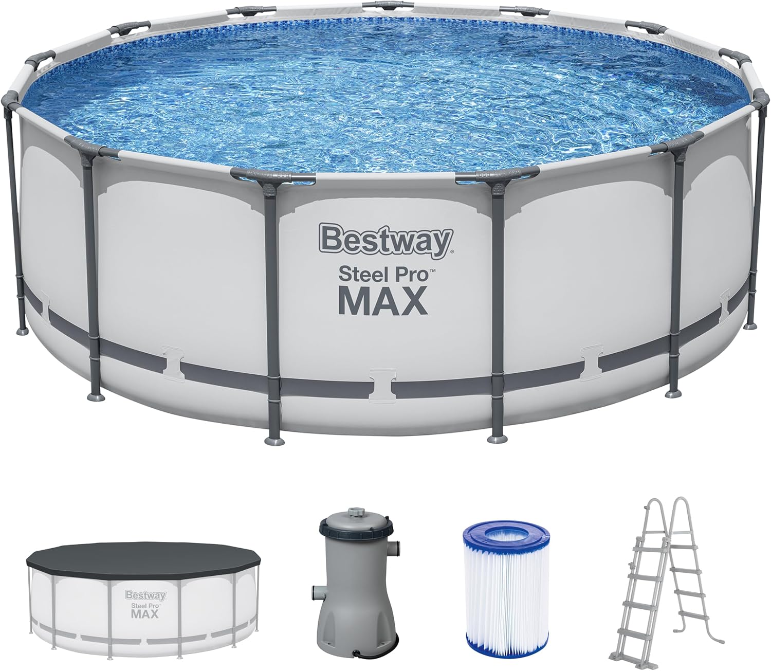 Bestway® Steel Pro MAX™ Aufstellpool Komplett-Set mit Filterpumpe Ø 396 x 122 cm, lichtgrau, rund