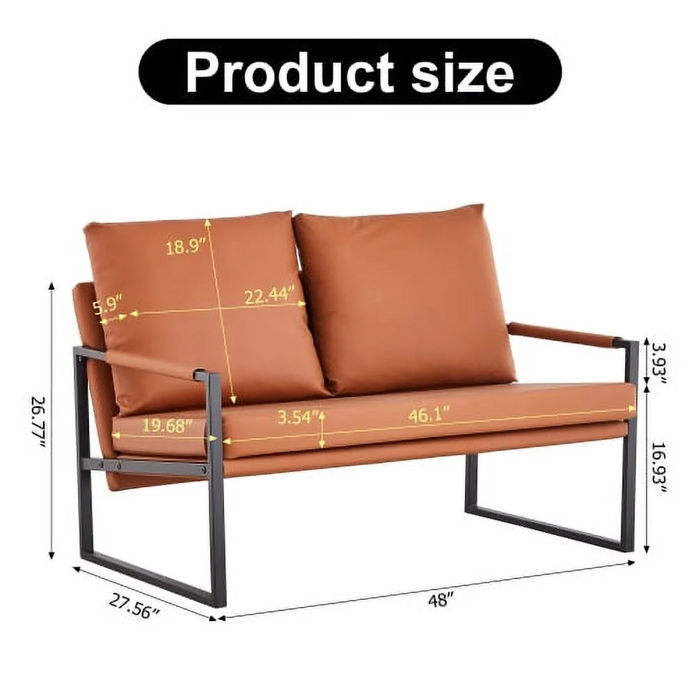 Moderne 2-zitsbank met 2 kussens �C PU-leer, Hoge Dichtheid Schuim, Zwarte Gecoate Metalen Frame, Bruin