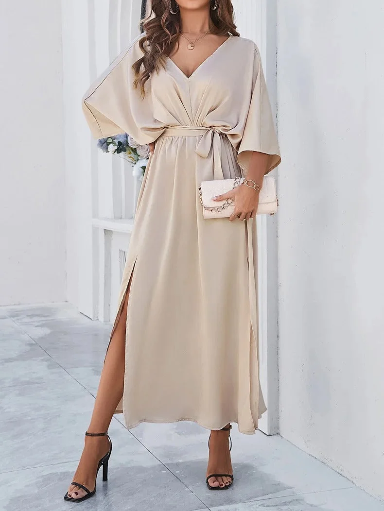 Damen Maxikleid f��r den Sommer mit V-Ausschnitt und Schlitz | Luftiges langes Kleid mit Bindeg��rtel und lockerer Passform