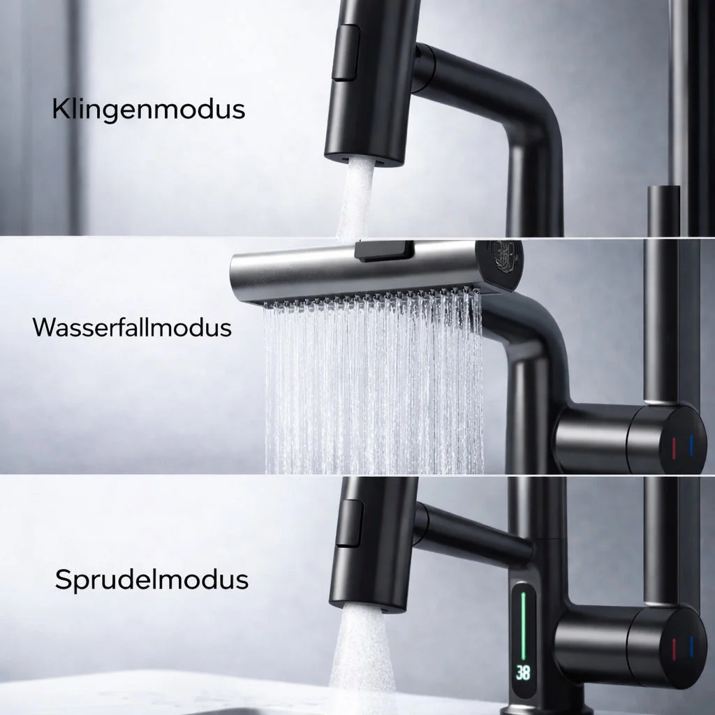 Flexibler Wasserhahn mit LED-Temperaturanzeige und 5 Strahlmodi �C moderne K��chen- und Badarmatur
