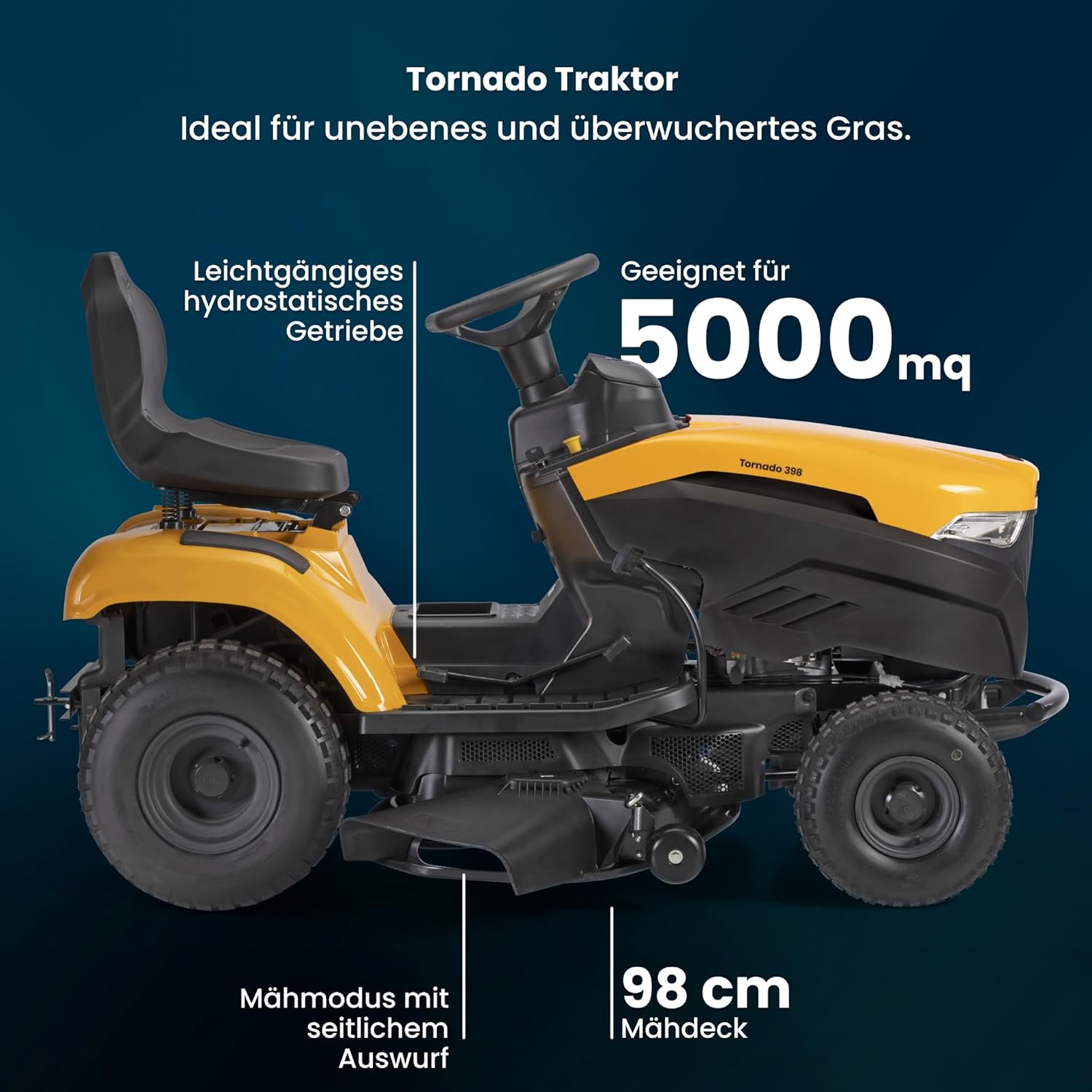 STIGA Tornado 398 Benzin-Gartentraktor - 432cc ST 450 Motor, 98cm Mähdeck, Hydrostatisches Getriebe, Seitenauswurf  und  Mulchen, Anhängerkupplung - Ideal für große Gärten bis zu 5.000 m2