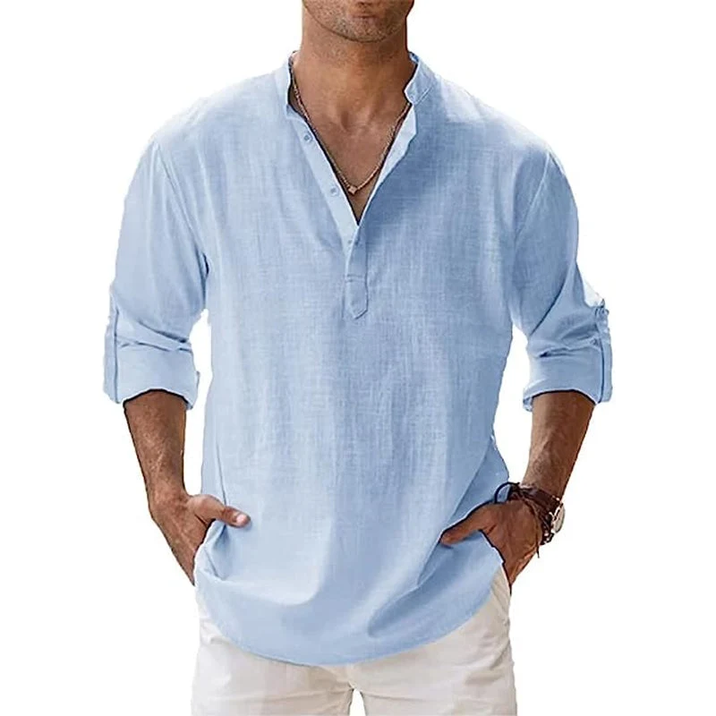 Herren Leinenhemd mit Henley-Ausschnitt | Atmungsaktives Sommerhemd aus leichtem Leinen | Klassisches Freizeit-Shirt Langarm