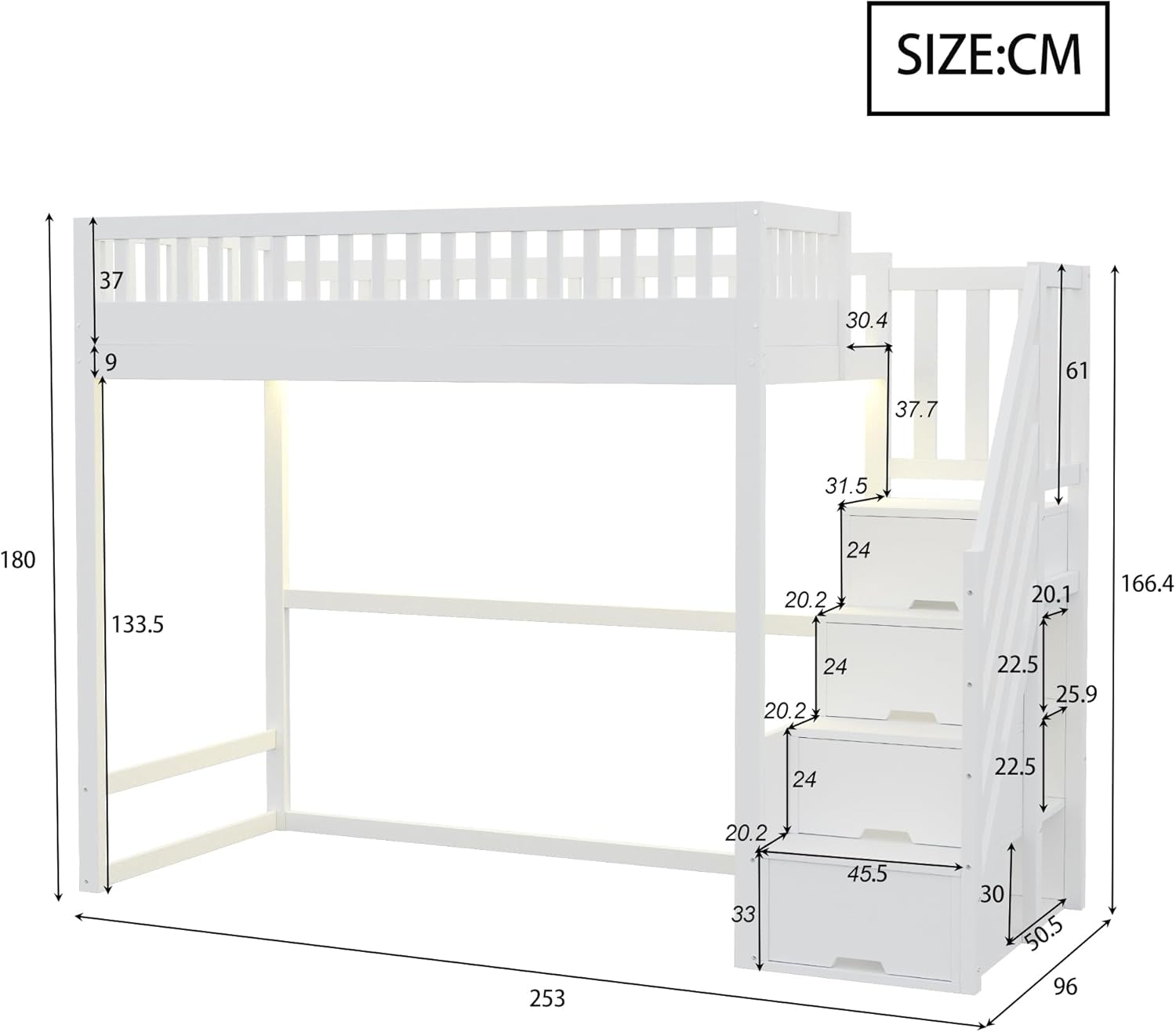 Hochbett 90 x 200,Hochbett mit Sicherheitsleiter, Sicherheitsgeländer, Bettrahmen aus massivem Kiefernholz, L-E-D-Lichtleiste, austauschbaren Sicherheitsleitern auf beiden Seiten (Weiß)
