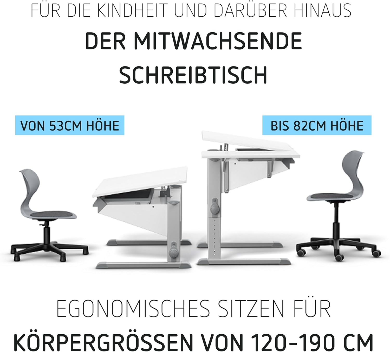Moll Sprinter Kinderschreibtisch höhenverstellbar | mitwachsend, ergonomisch & neigbar für aufrechtes Sitzen | ideal für Schulkinder | Schreibtisch weiß optional mit Schublade | Made in Germany