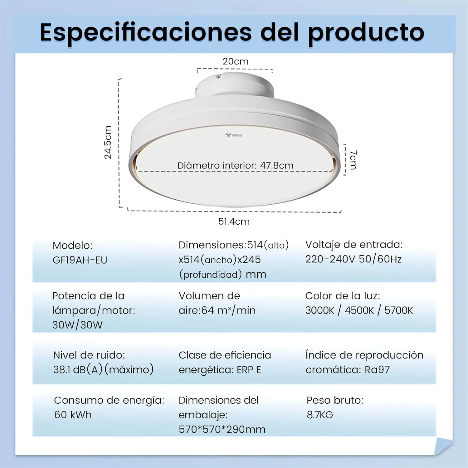 Silencioso Sin Aspas Ventilador de Techo con Luz Regulable 60W 30W Motor DC 30W Luz CCT 3000-5700K LED Lampara Ventilador Techo y Mando 6Velocidades Temporizador Memoria Apto para Salón Dormitorio