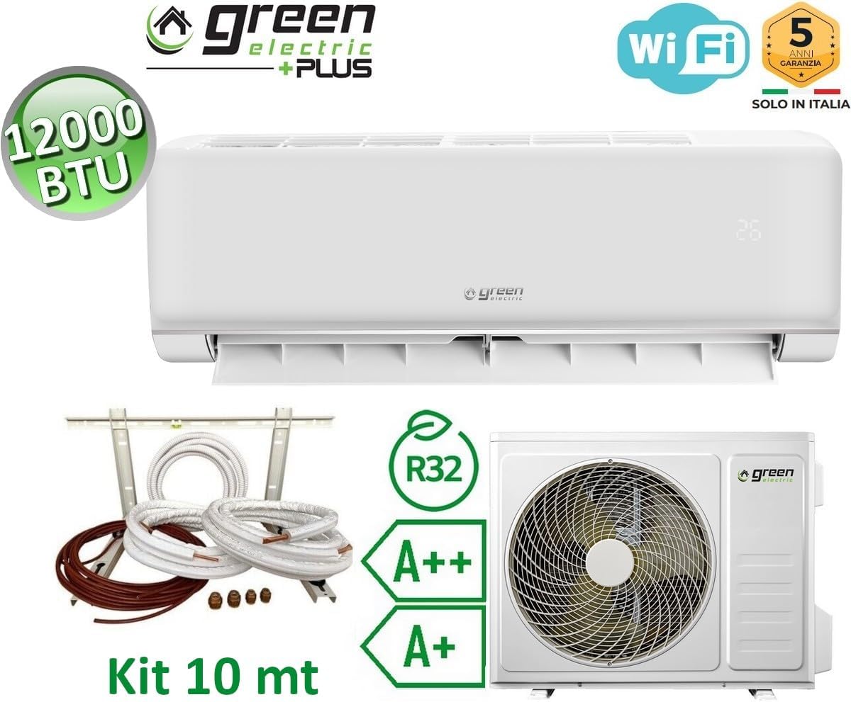 Plus Klimaanlage Monosplit Green Electric Plus 12000 BTU mit WiFi – Energieeffizienz A++/A+ – 3,5 kW – R32 – Inklusive 10 Meter Installationsset, Innengerät und Außengerät