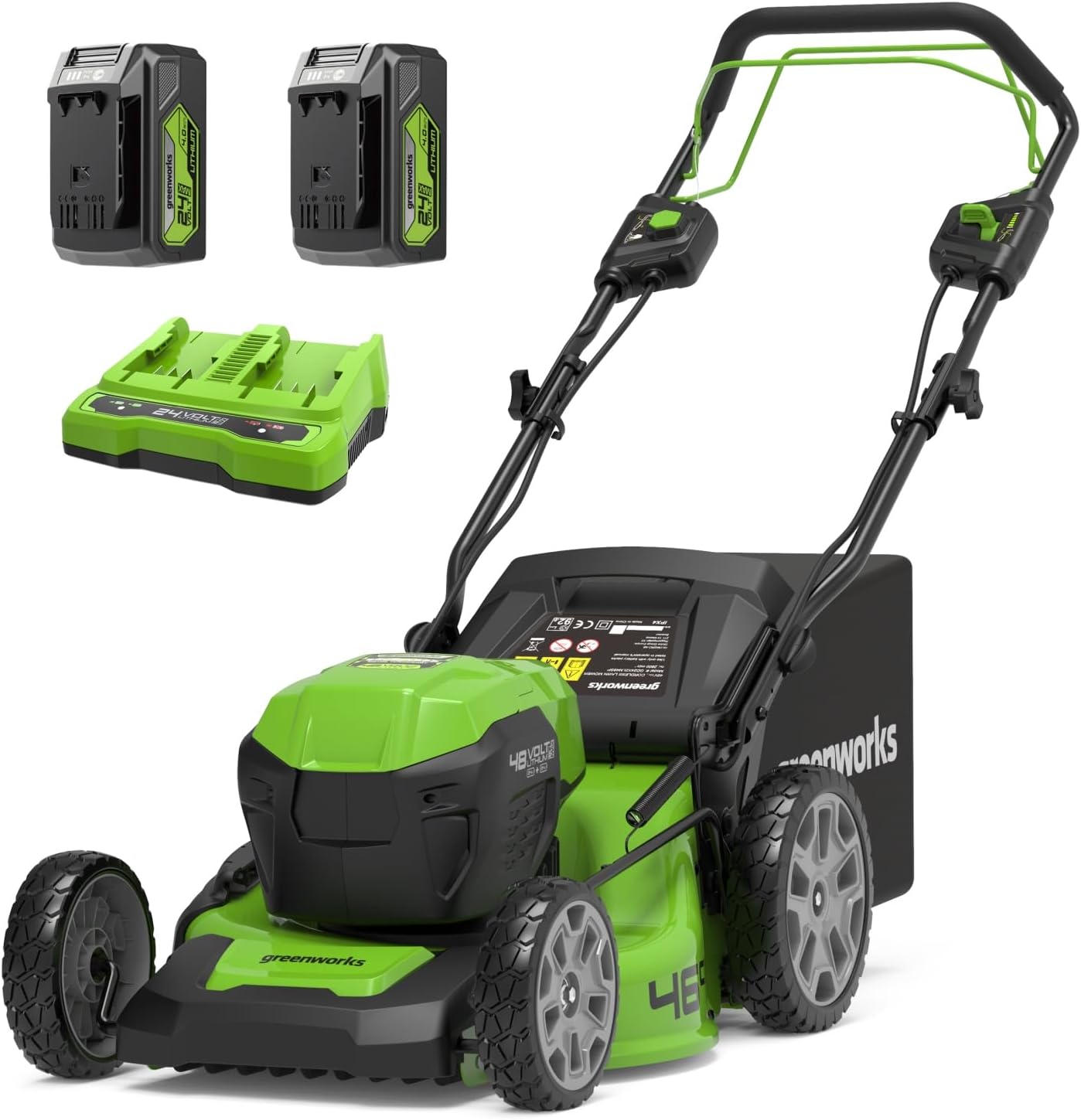 Greenworks 48V (2x24V) Selbstfahrender Akku Rasenmher für groe Flchen bis zu 480m, 46cm Schnittbreite, 55L Sack PLUS zwei 4Ah-Akkus und Doppelladegert GD24X2LM46SPK4X