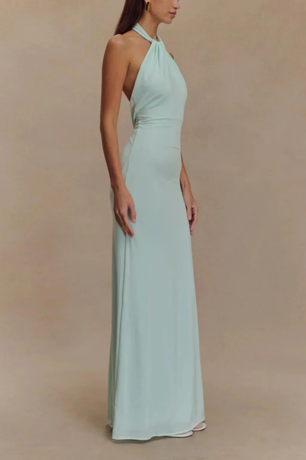 Neckholder Maxi-Kleid f��r Damen | R��ckenfreies Abendkleid mit Raffungen | Elegantes Kleid f��r Hochzeitsg?ste Figurbetont