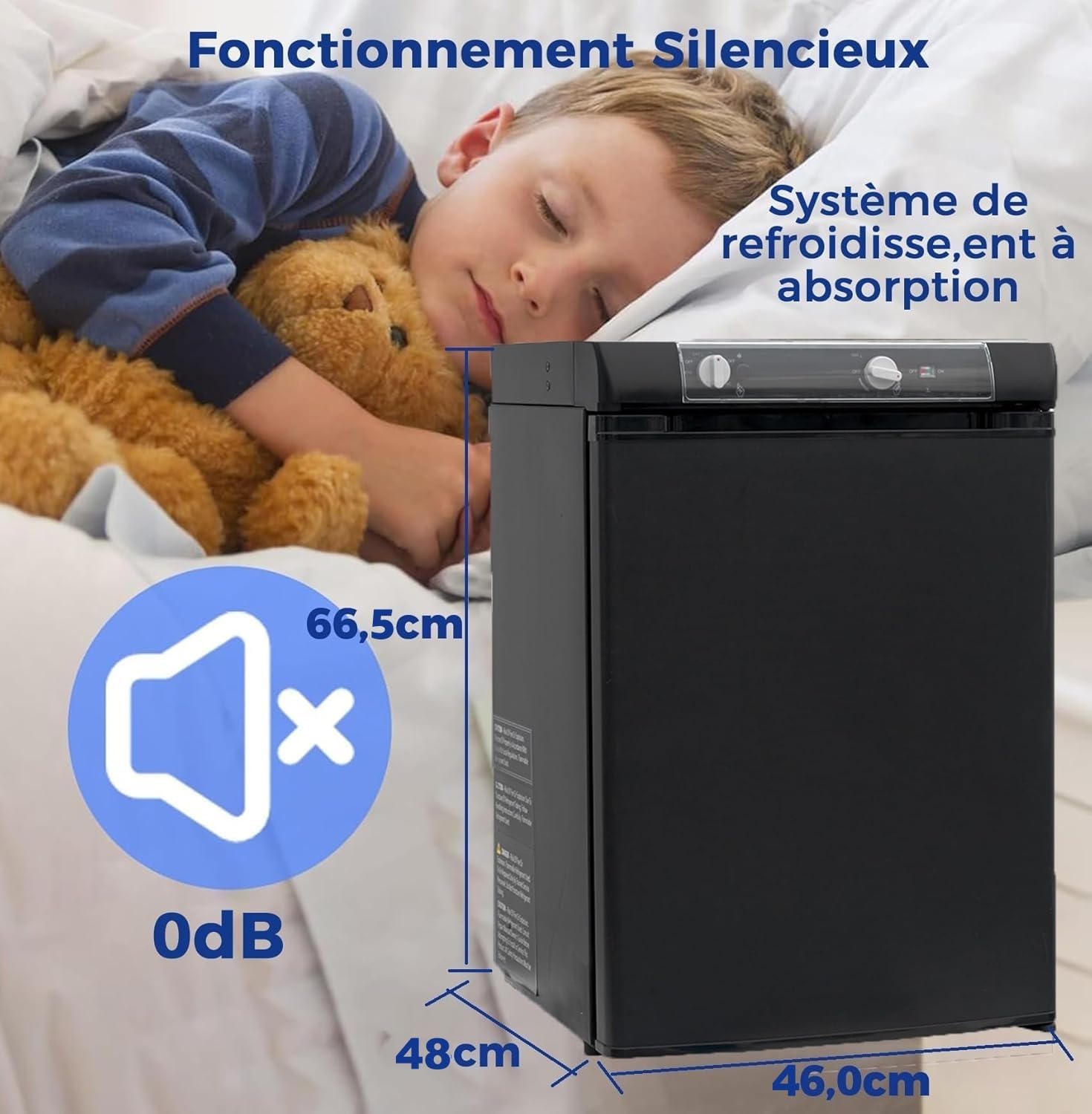 Smad Frigo Trimixte 12V 220V Gaz, 60L, Frigo Camping Gaz, Réfrigérateur Silencieux pour Caravane Camping-car Fourgon Van Mobile-home Chalet, Noir