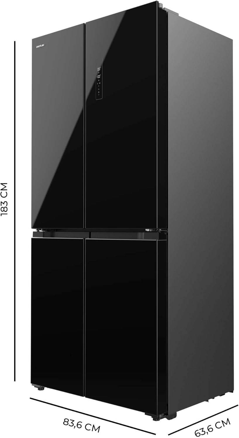 Cecotec Refrigerateur Congelateur 4 Portes Française Bolero CoolMarket 4D 436 Black Glass E. Réfrigérateur 436L, Total No Frost, MultiAirFlow, mode Vacances, alarmes et Metal Cooling