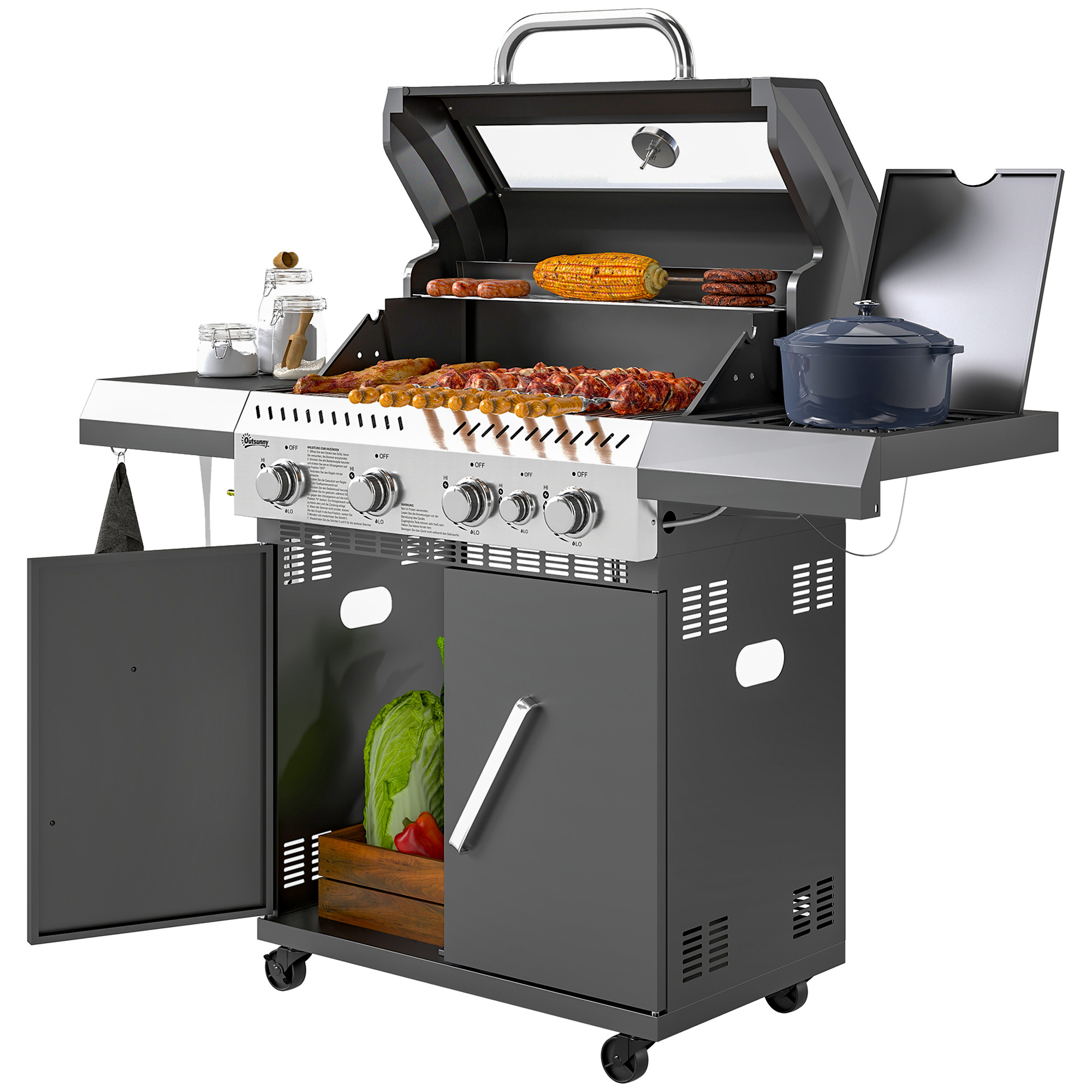 Outsunny Gasgrill 12 KW Grillwagen met 5 Branders, Zijkoker, Deksel, Thermometer, Zijplanken 135 x 54 x 110 cm