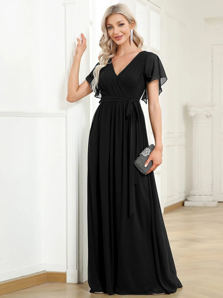 Abendkleid Damen Maxi A-Linie aus Chiffon | Festliches Kleid f��r Hochzeitsg?ste mit V-Ausschnitt und Fl��gel?rmeln