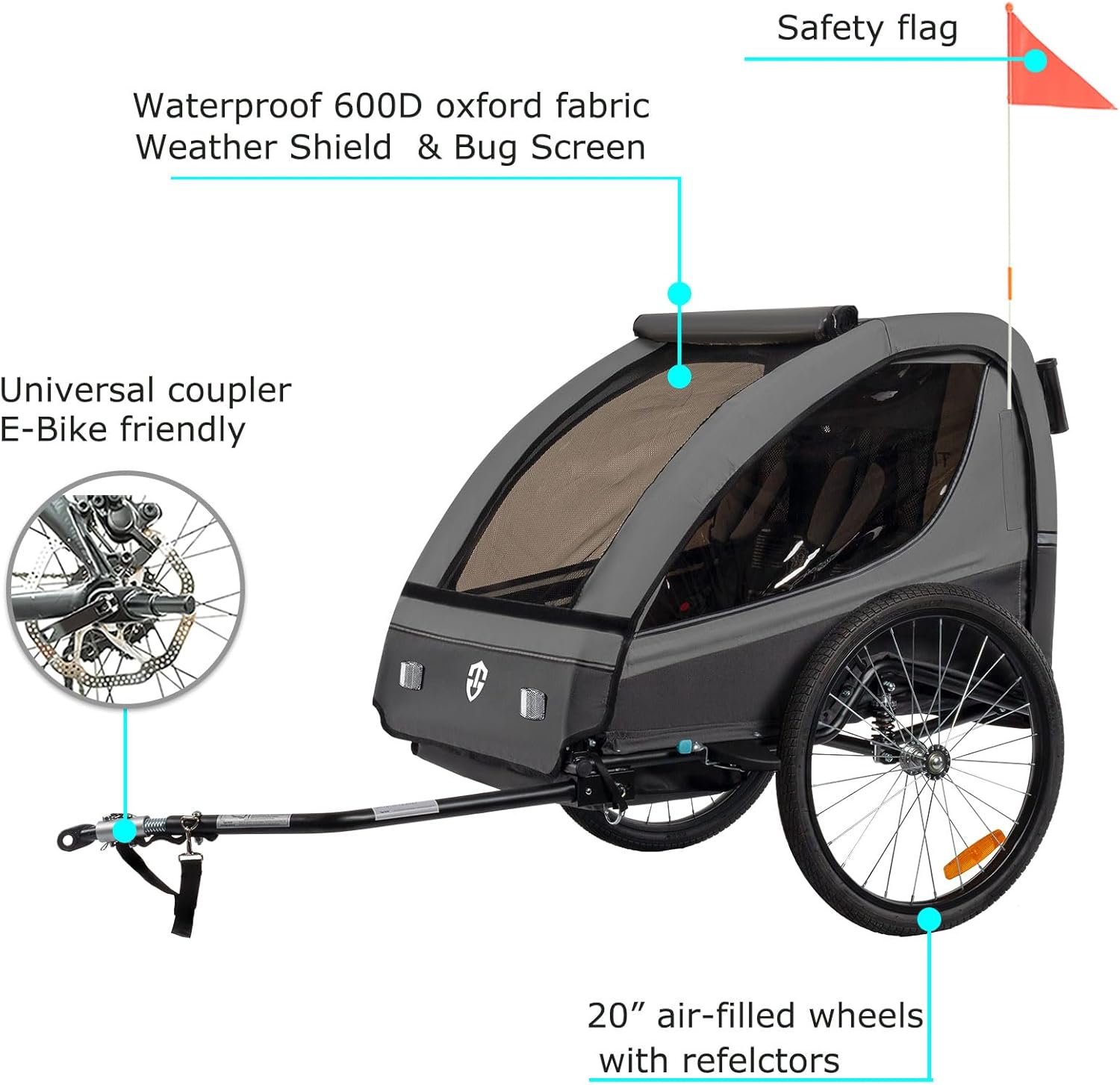 Tiggo VS Kinderanhänger 360° Drehbar mit Federung 2in1 Fahrradanhänger mit Buggy Set Jogger 5-Punkt Gurt Fahrrad Anhänger für 1 bis 2 Kinder max. 40kg