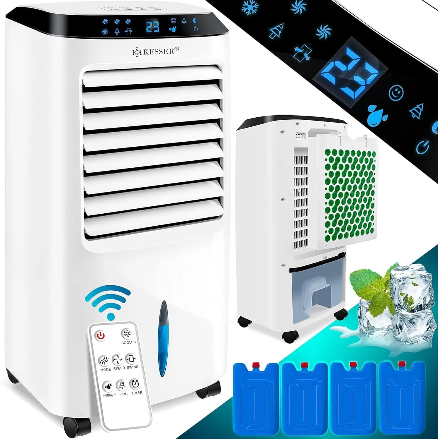 KESSER 4-in-1 Mobiele Airco | Afstandsbediening | Klimaatregelaar | Ventilator Airconditioning | Timer | 3 Niveaus | Ionisator Luchtbevochtiger | Luchtkoeler |