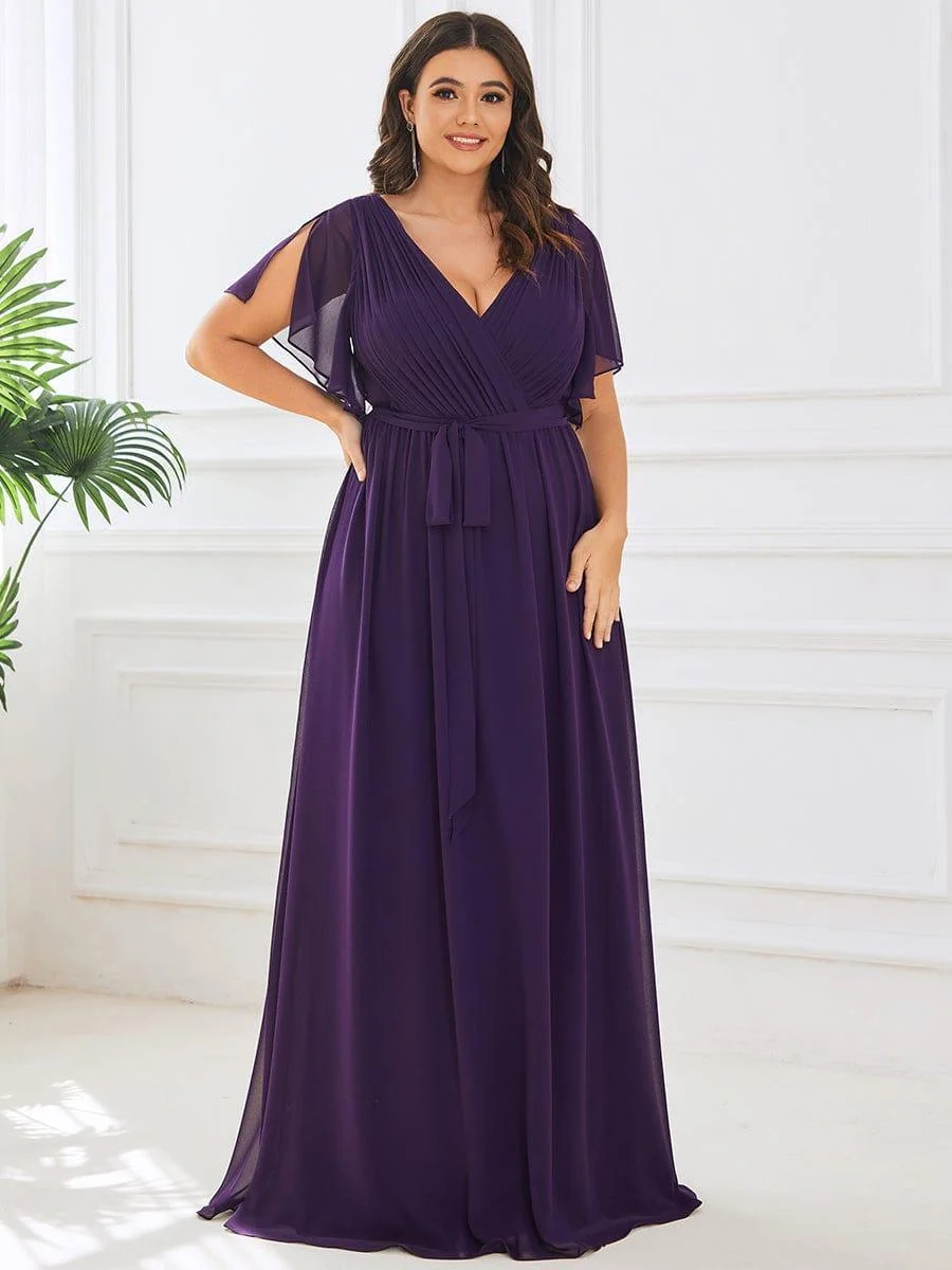 Abendkleid Damen Maxi A-Linie aus Chiffon | Festliches Kleid f��r Hochzeitsg?ste mit V-Ausschnitt und Fl��gel?rmeln
