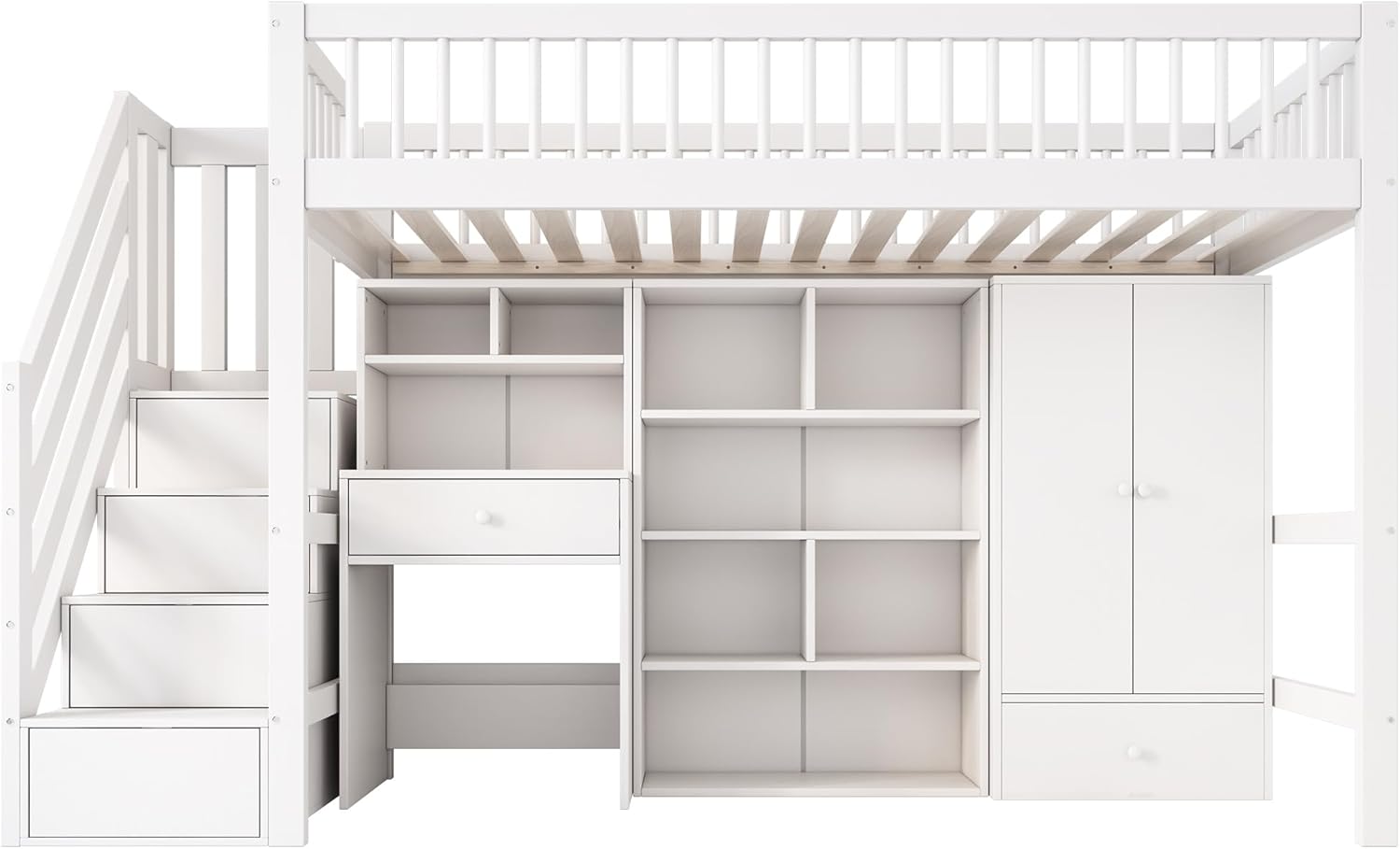 Kinderbett 90x200 cm, Hochbett mit Kleiderschrank Schreibtisch und Treppe, Einzelbett mit Schubladen und Schließfach, Funktionsbett Kinderhochbett Jugendhochbett mit Rausfallschutz & Lattenrost, Weiß