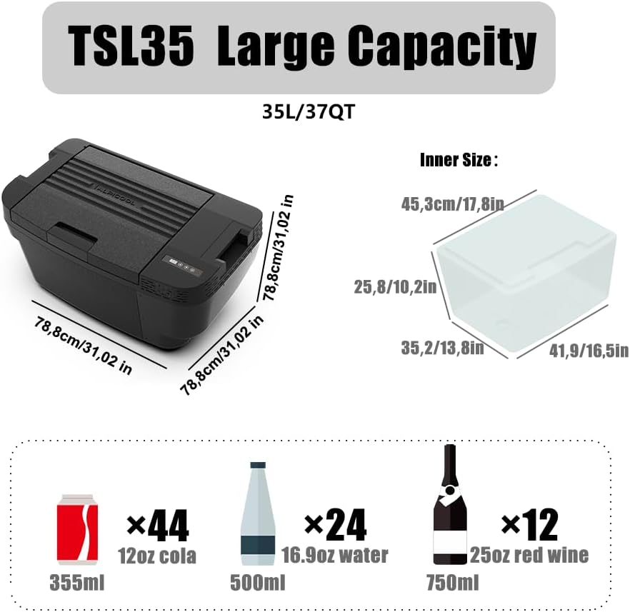 Alpicool TSL35 35L Glacière Electrique Voiture, Portable à Compression Réfrigérateur de Voiture, 12/24V congélateur et réfrigérateur, pour dortoir, Camping ou Pique-Nique en Plein Air, 20 à 20℃