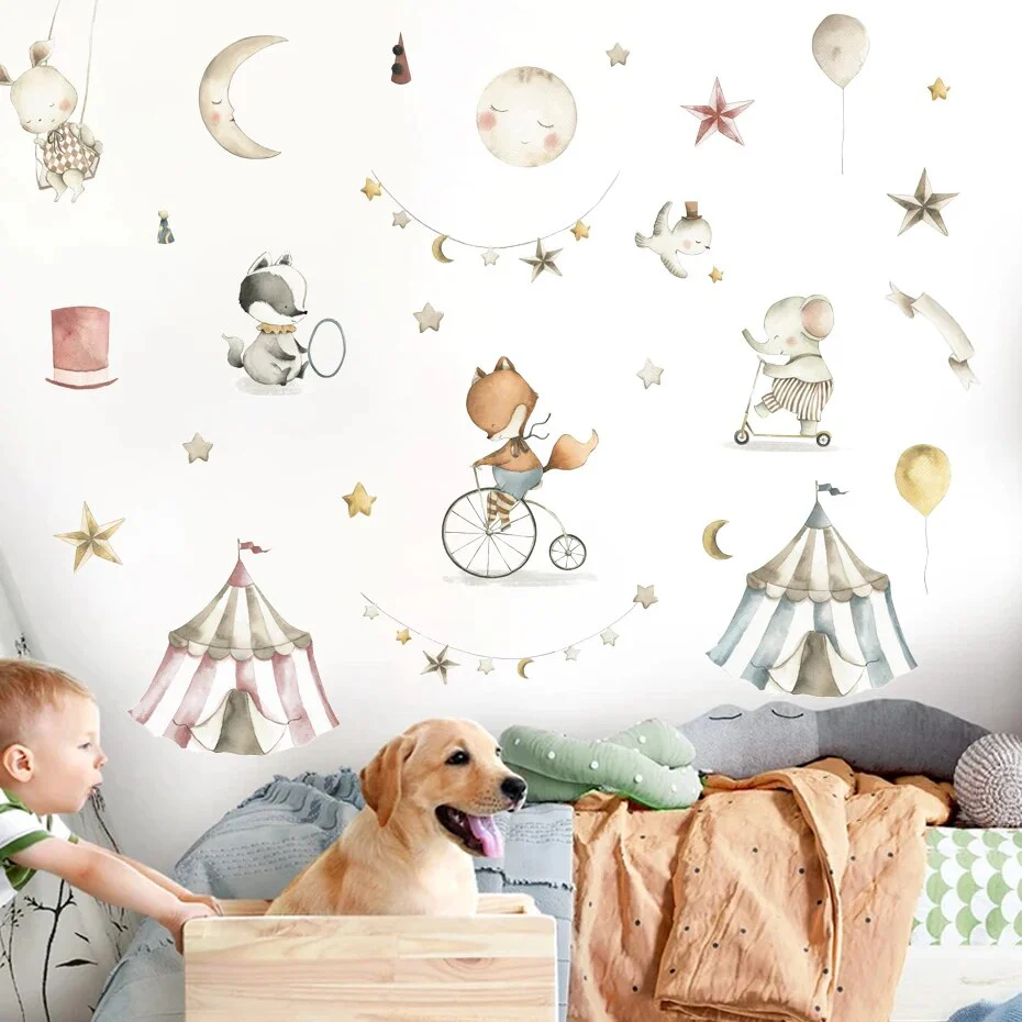Watercolor Circus Animals Wall Decals for Baby Nursery