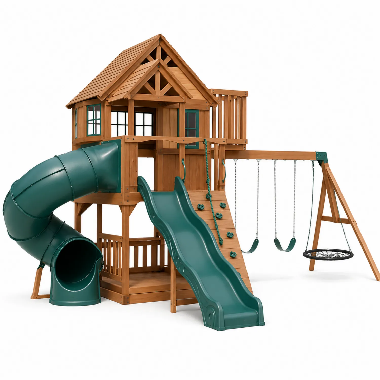 Holzspielplatz mit Rutschen und Schaukeln für den Außenbereich