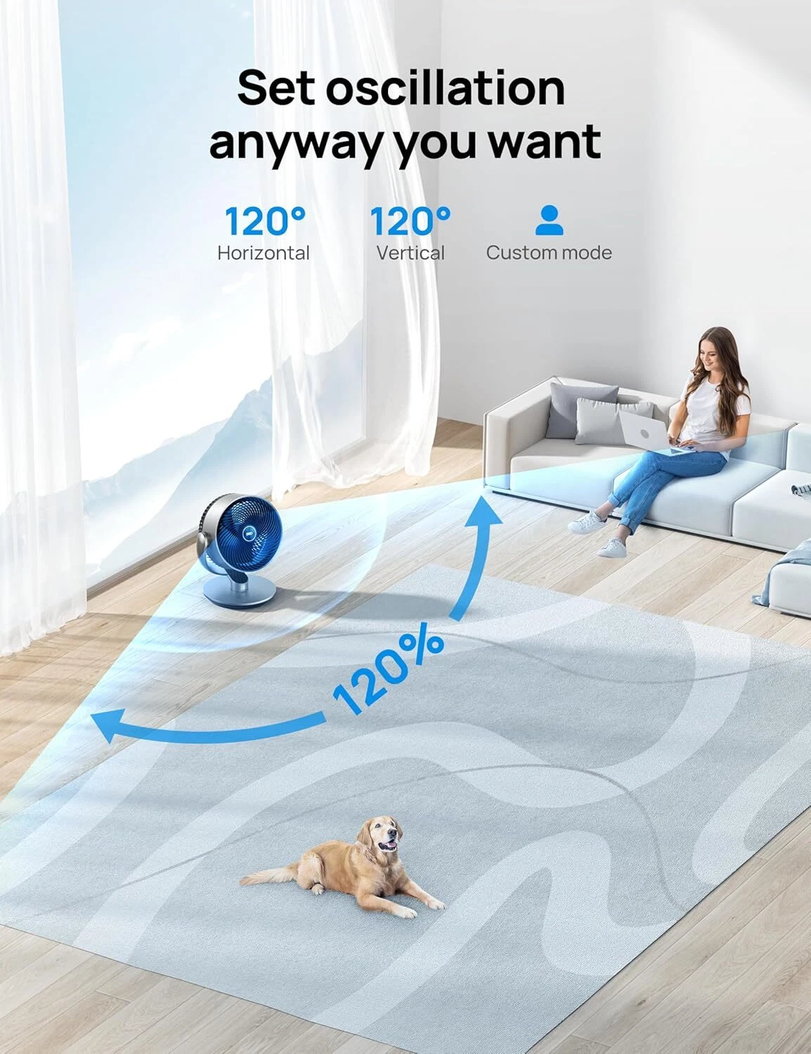 16 inch 25dB stille slimme ventilator voor slaapkamer, DC kamer ventilator met afstandsbediening, 120��+120�� oscillatie