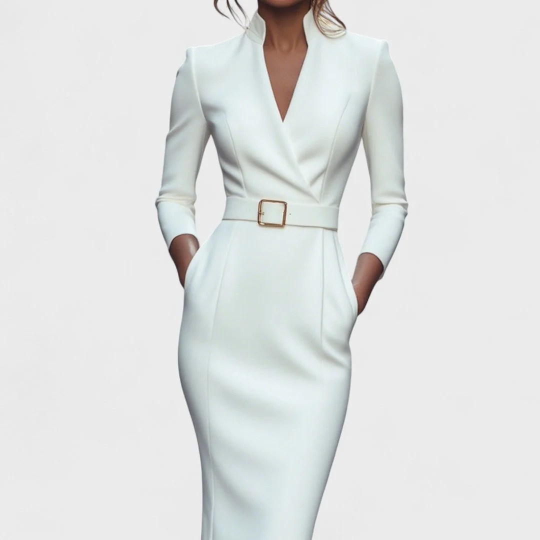 Elegantes Damenkleid mit G��rtel und Stehkragen