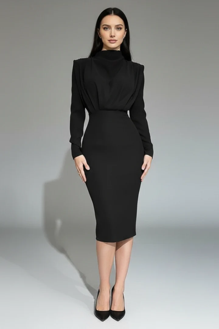 Damenkleid mit hohem Ausschnitt und langen ?rmeln