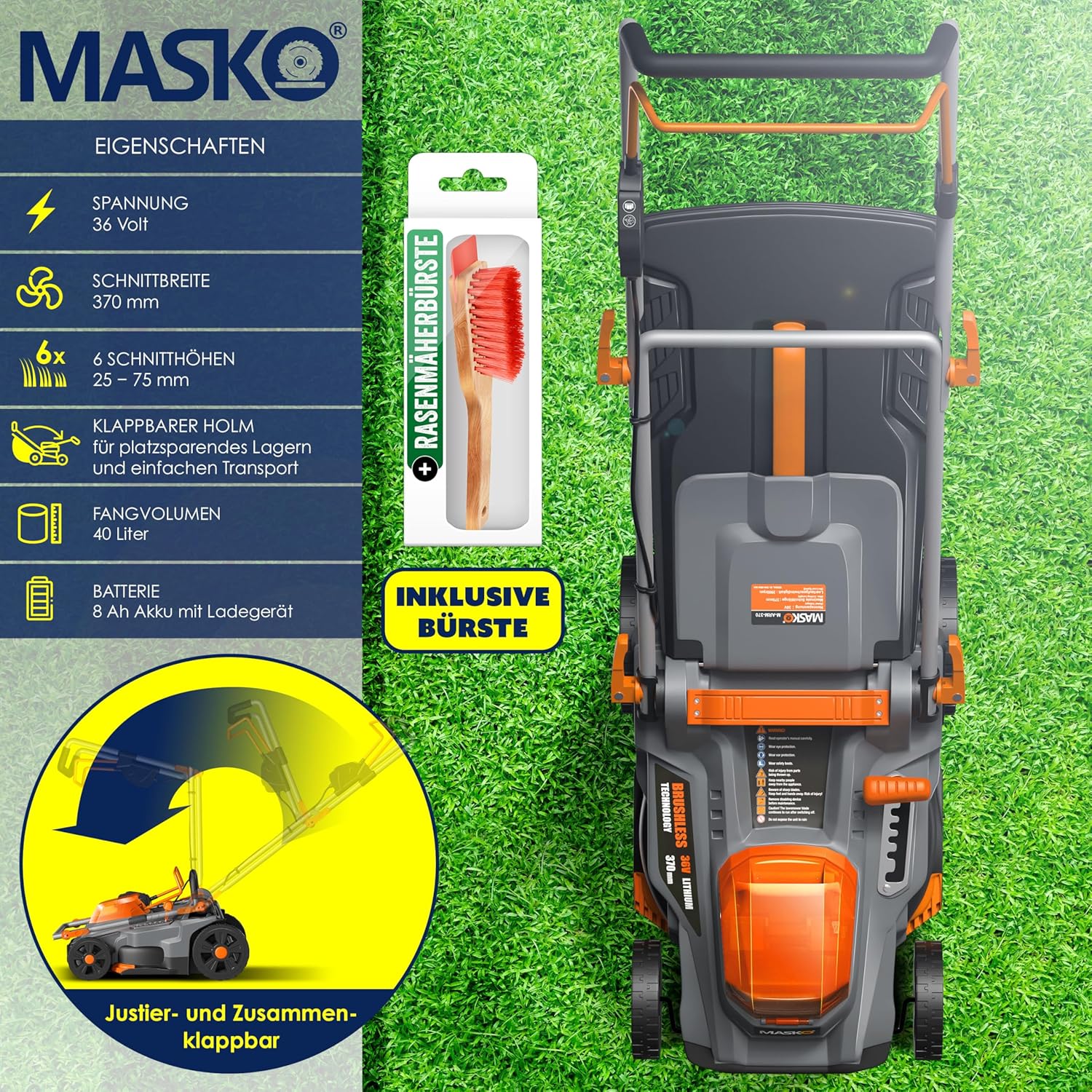 MASKO Akku Rasenmäher mit Mulchfunktion, 2X Akkus Li-Ion Batterie 4Ah  und  Doppel-Ladegerät Rasentrimmer 37cm Schnitt-Breite 6X Höhenverstellbar 40L Fangkorb Flächen bis 600m2 inkl. Handschuhe  und  Bürste