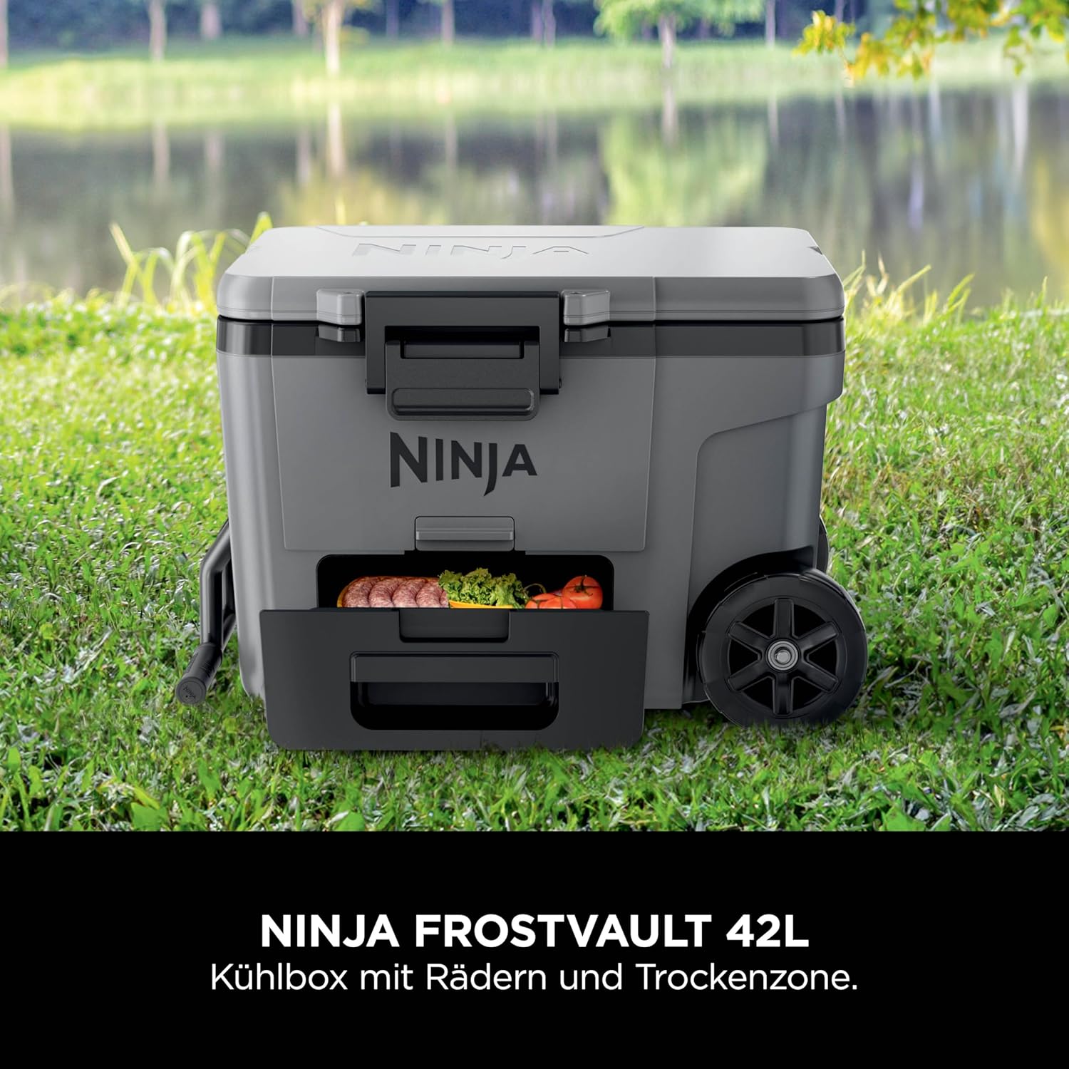 Ninja FrostVault Kühlbox mit Rollen und Isolierung, integrierter Dry Zone Schublade mit Kühlschranktemperatur, hält Eis tagelang, bietet Platz für bis zu 68 Dosen, Schiefergrau, FB245EUGY