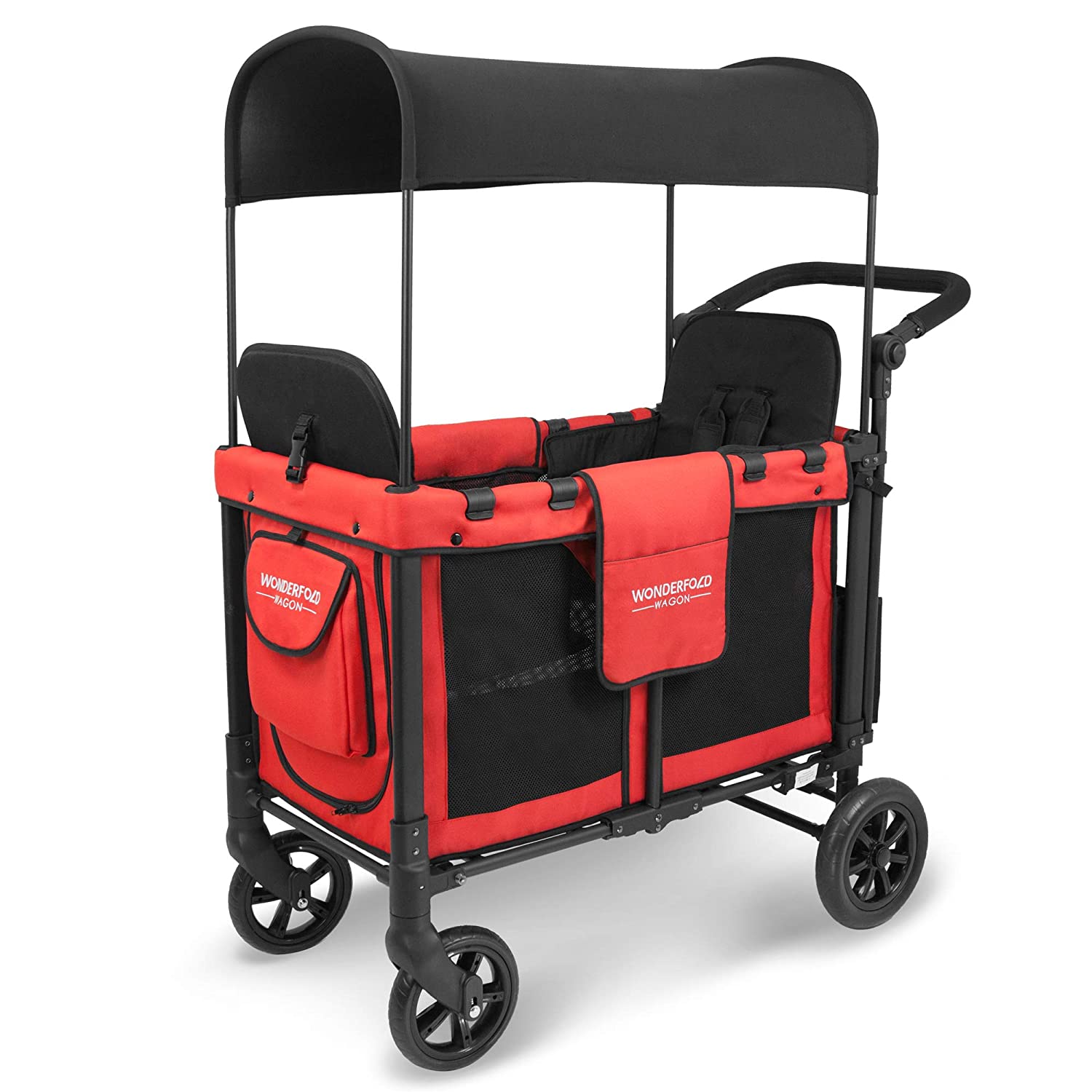 W2 MultiFunction Push 2 Passenger Double Folding Stroller, Adjustable Canopy  Removable Footrest Seats up to 2 Toddlers Poppy Red