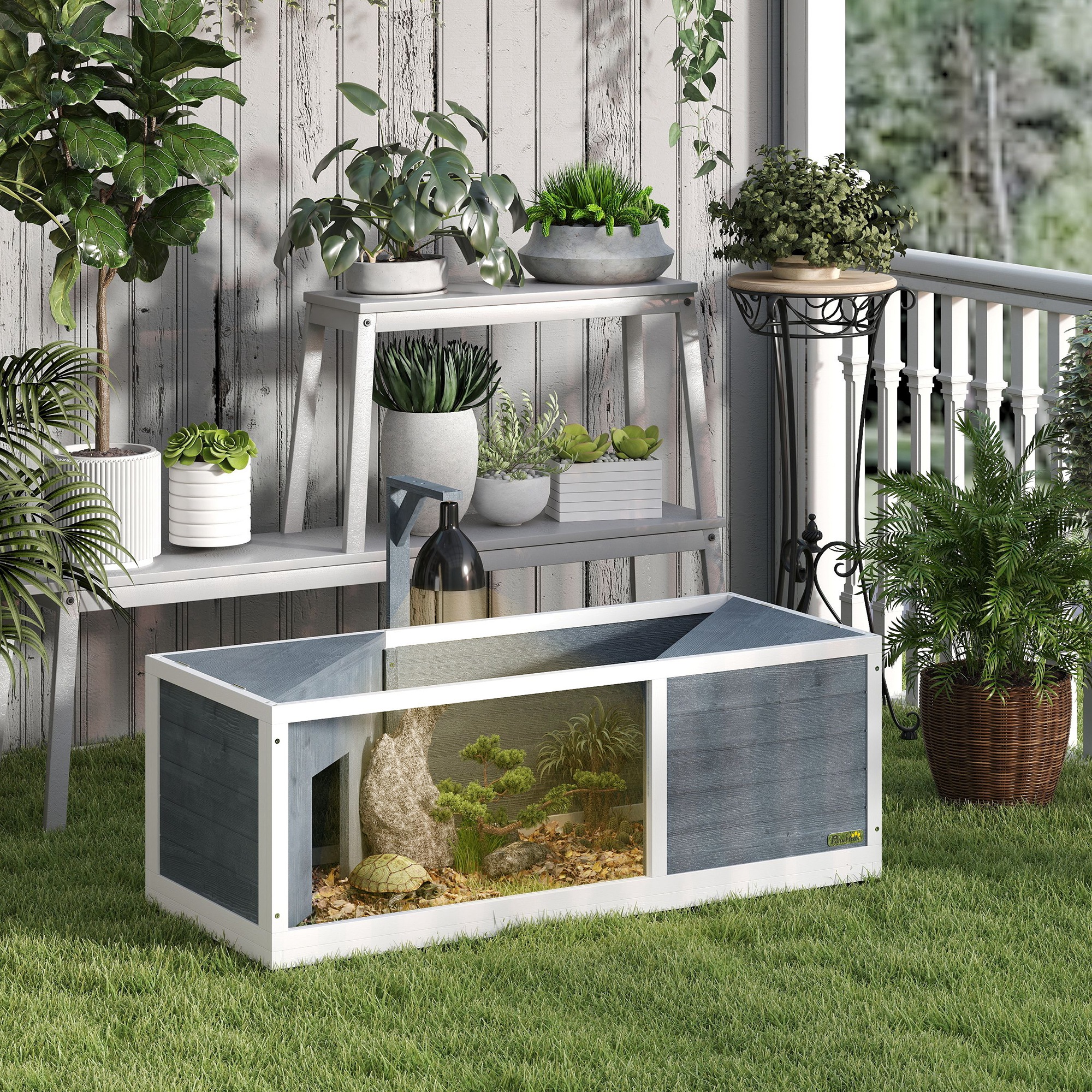 Schildpaddenverblijf met Opklapbare Bovendeel, Lampstandaard, Doorzichtige Voorplaat, 120 x 50 x 40 cm, Grijs