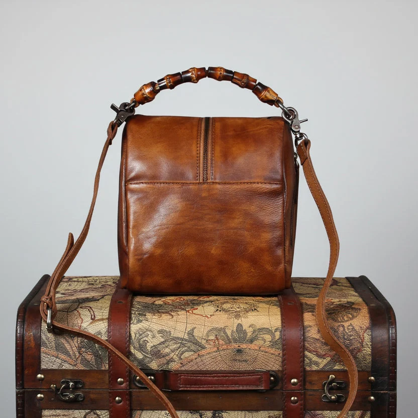 Full Grain Leather Fringe Handbag with Bamboo Handle