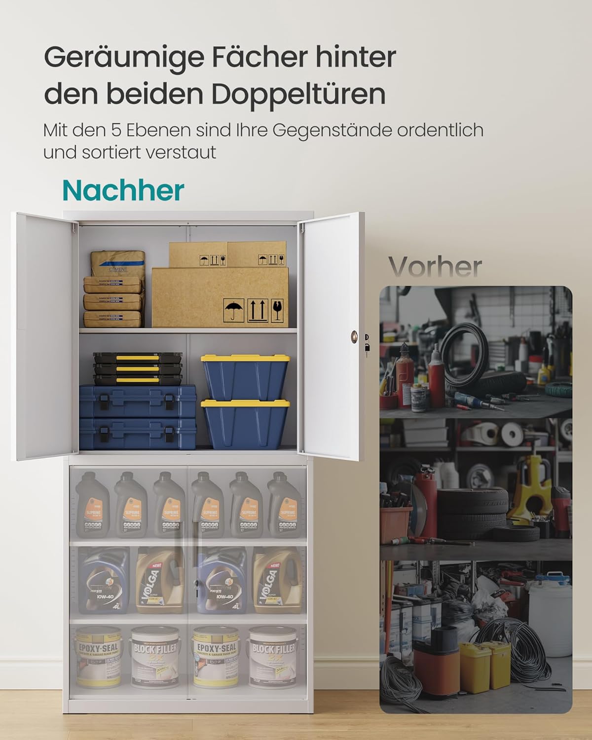 SONGMICS Aktenschrank, Mehrzweckschrank, Büroschrank, mit 4 Türen und 5 Ebenen, 40 x 80 x 180 cm, 2 Schlösser, verstellbare Ablagen, Aufbewahrungsschrank aus Stahl, mattgrau OMC016G01