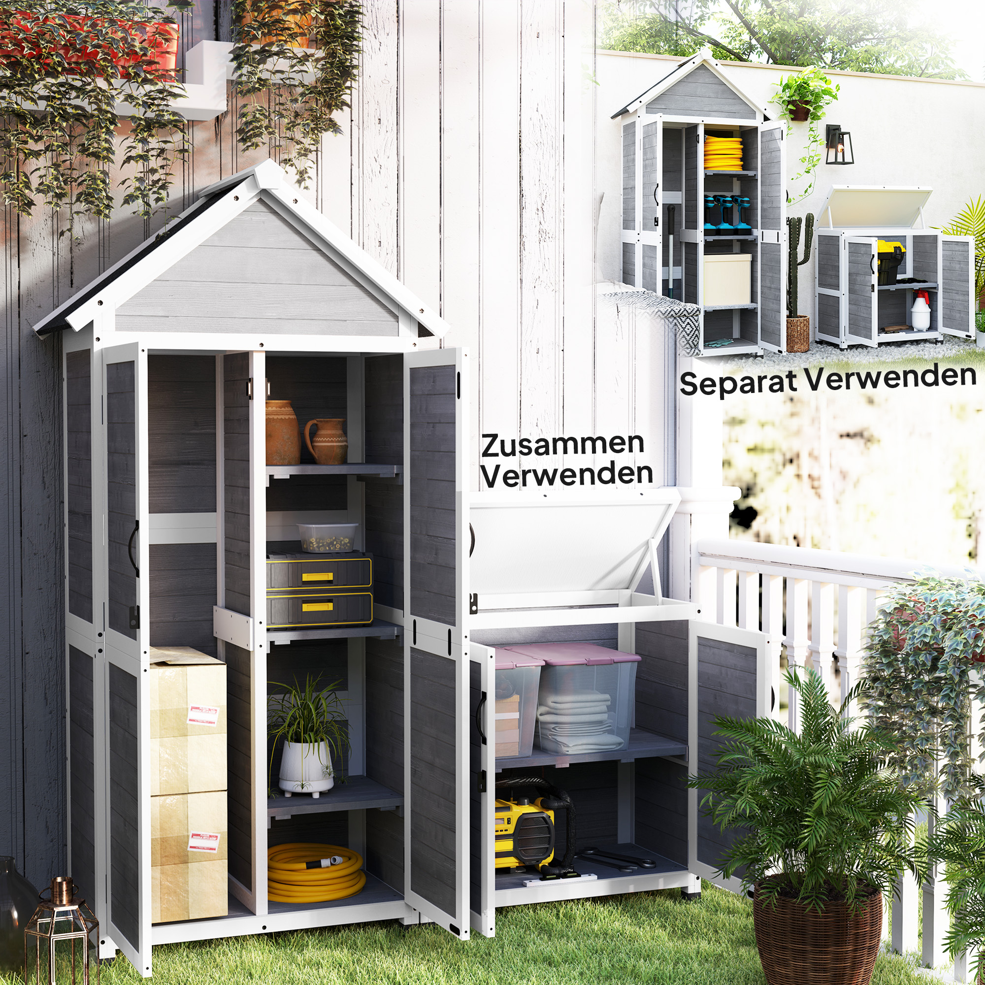 Tuinschuur met Opbergkast, Aanpasbare Planken, Afsluitbare Deuren, Waterbestendig, Sparrenhout, Lichtgrijs