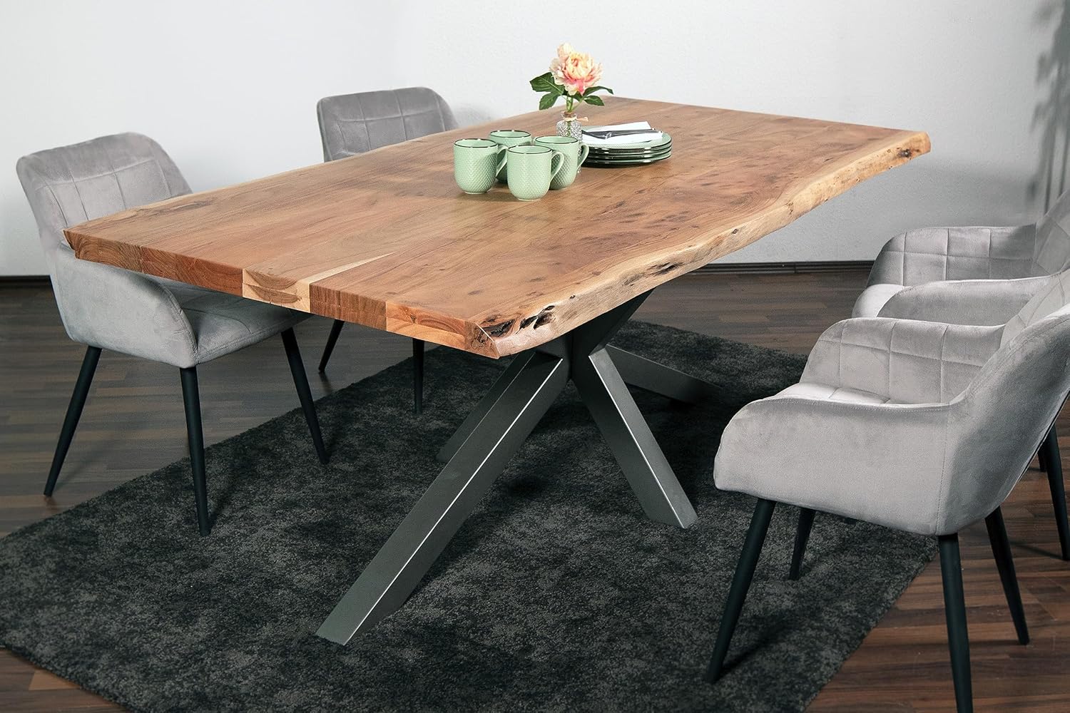 SAM Esstisch 240 x 100 cm Cali, Baumkantentisch naturfarben, Akazienholz massiv, Spider-Gestell aus Metall Silber, aufgedoppelte Kanten 25+25 mm