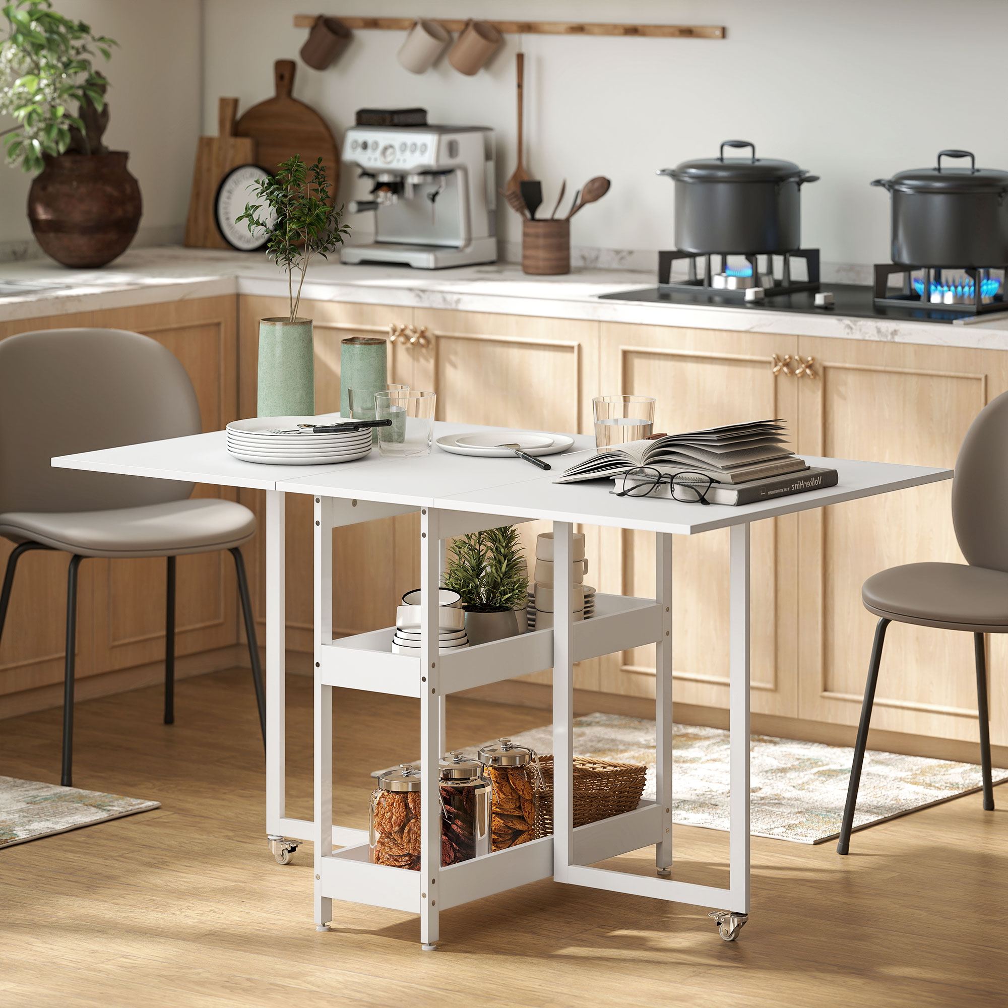Uitschuifbare Eettafel in Industrieel Ontwerp voor tot 4 Personen, Open Schappen, Flexibel, Metaal, Spaanplaat, Wit