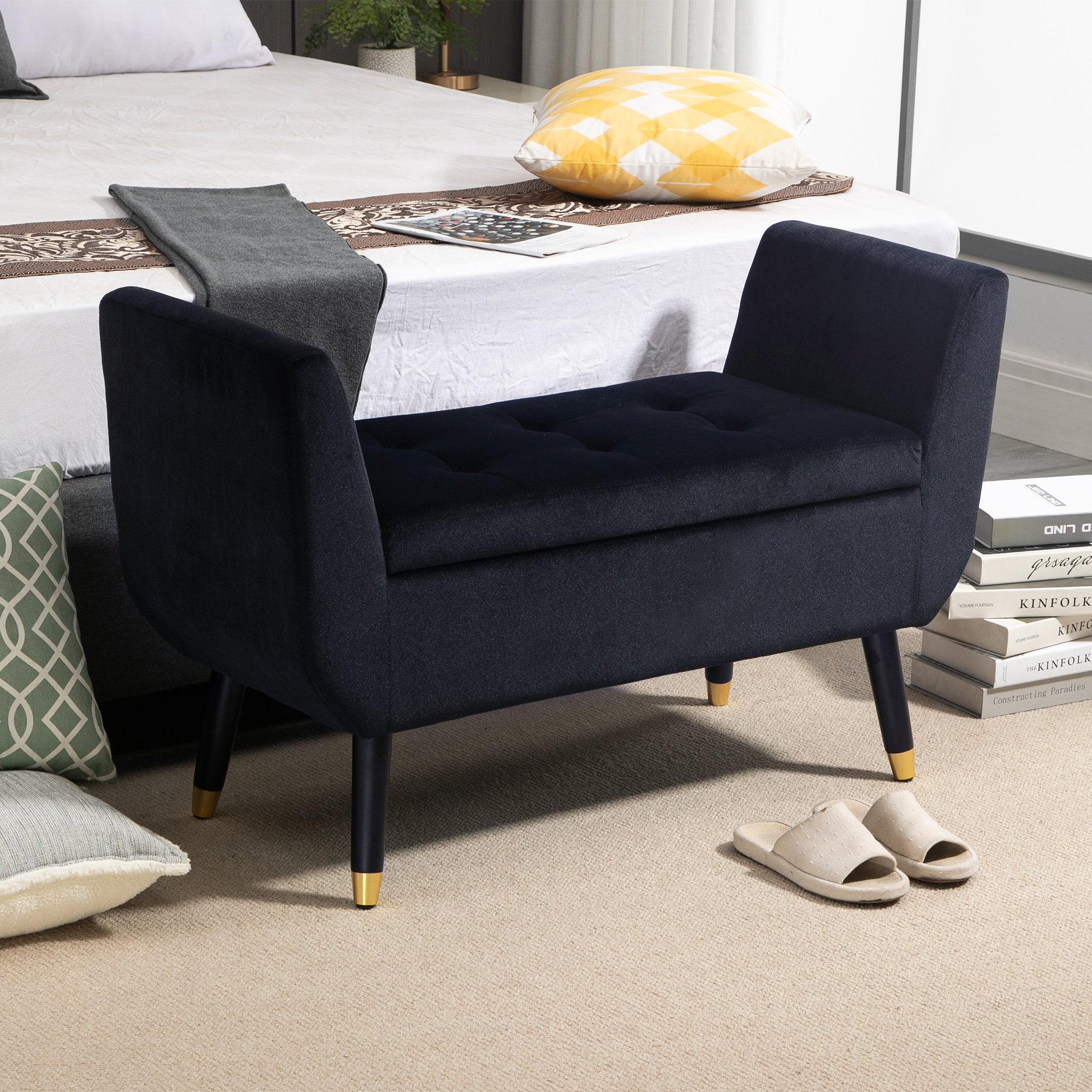 luxe bank gestoffeerde bank met opbergruimte armleuningen bank fluweelzacht polyester rubber hout zwart 107 x 42 x 65 cm