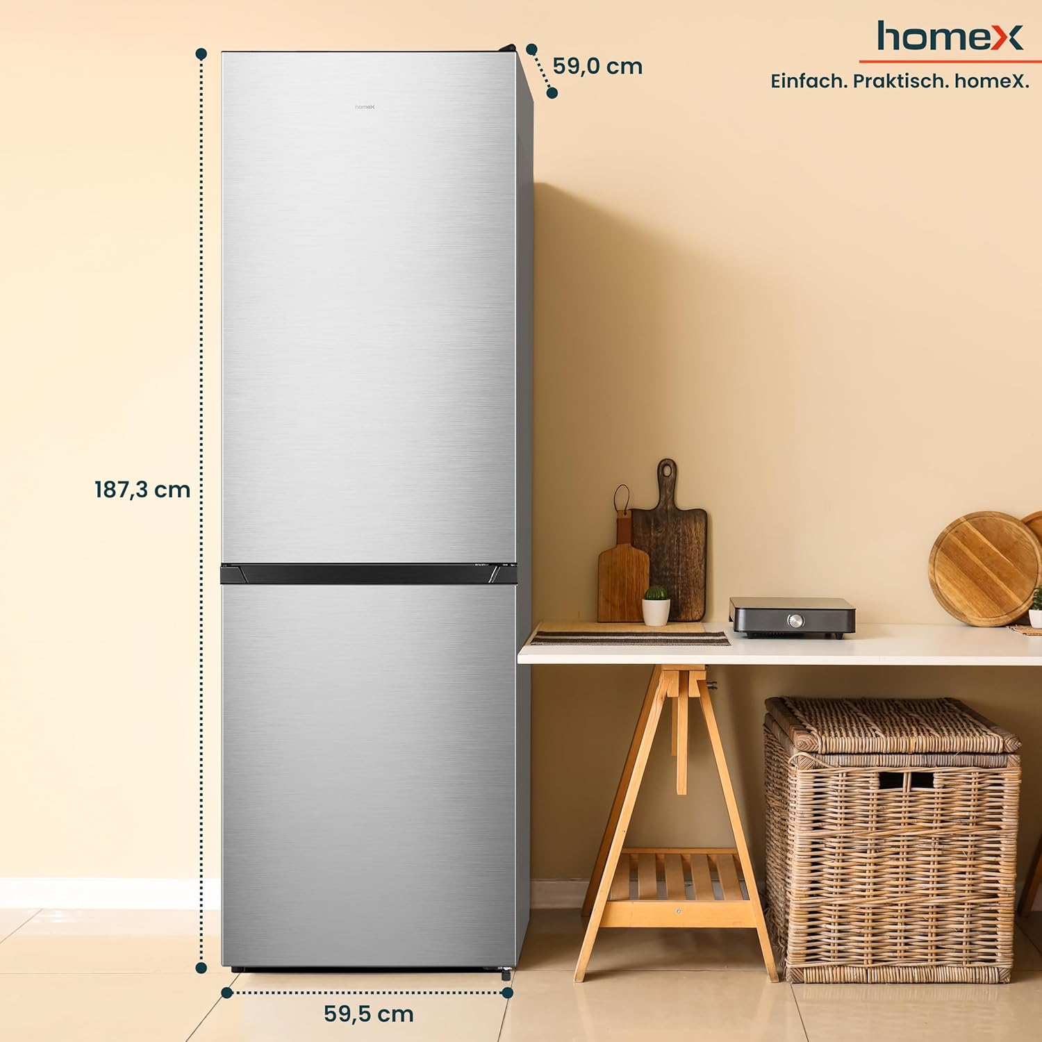 homeX Kühlschrank mit Gefrierfach No Frost, Kühl-Gefrier-Kombination freistehend, groß - 304 Liter, Fresh Box, Super-Frost, leise 35 dB, EEK A, Kühl Gefrierkombination, silber, CFSN3041A-S