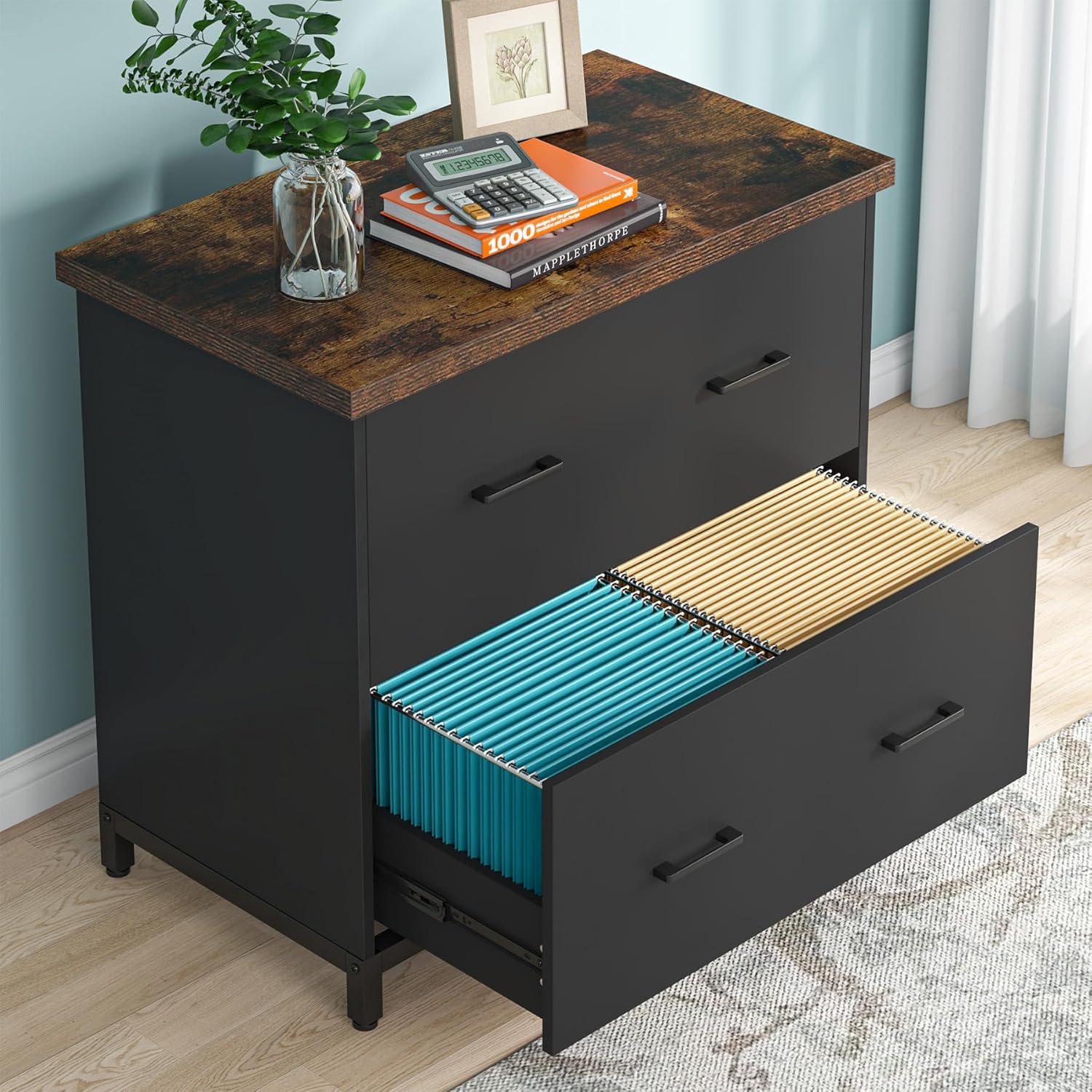 Tribesigns 2-Drawer File Cabinet, Wood Lateral Filing Cabinet for Home Office, A4, Letter Size, Brown and Black