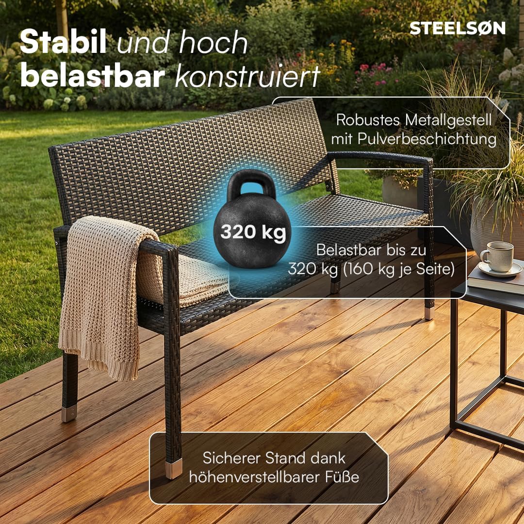 STEELSØN Mirador Gartenbank 3 Sitzer schwarz – Sitzbank Outdoor aus Polyrattan – Balkonbank wetterfest – Rattanbank mit ergonomischer Lehne – Parkbank bis 320kg belastbar – Bank für Garten/Terrasse