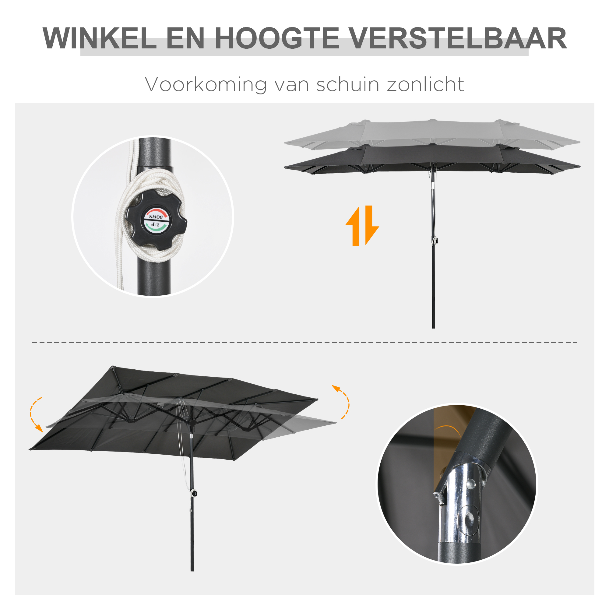 Grote parasol, verstelbaar in hoogte en kantelbaar, 150x295x170-214 cm, Grijs