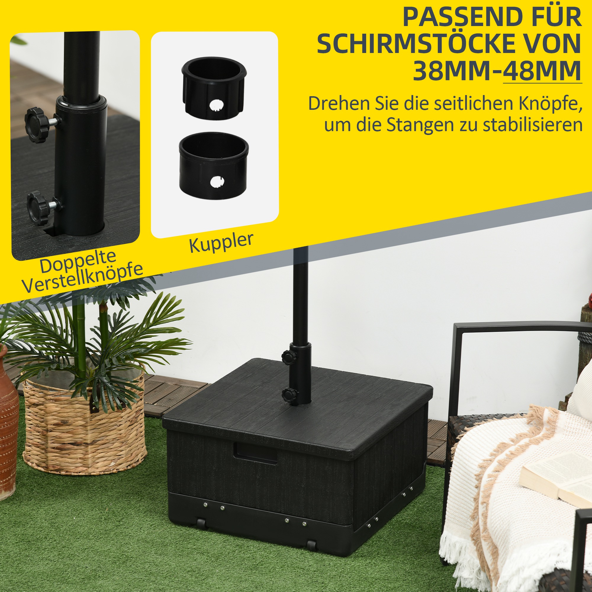Outsunny 3-in-1 Parasolvoet, Bijzettafel, Bloembak, tot 80 kg zand, weerbestendig, Zwart