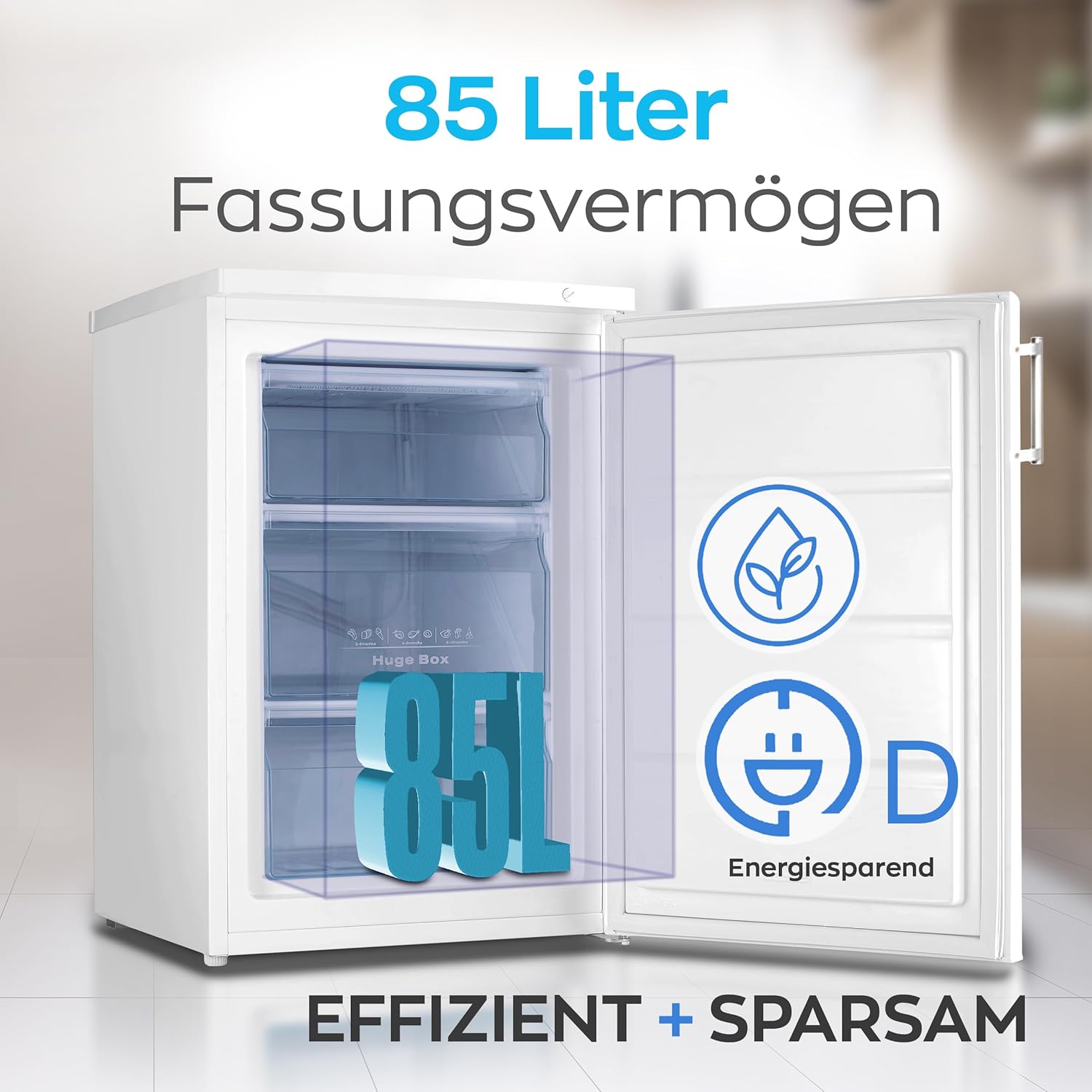 Heinrich´s Gefrierschrank 61Liter -18°C Freezer, 3x Gefrierschublade, 7 Stufen Temperaturregler, Airflow, wechselbarer Türanschlag weiß