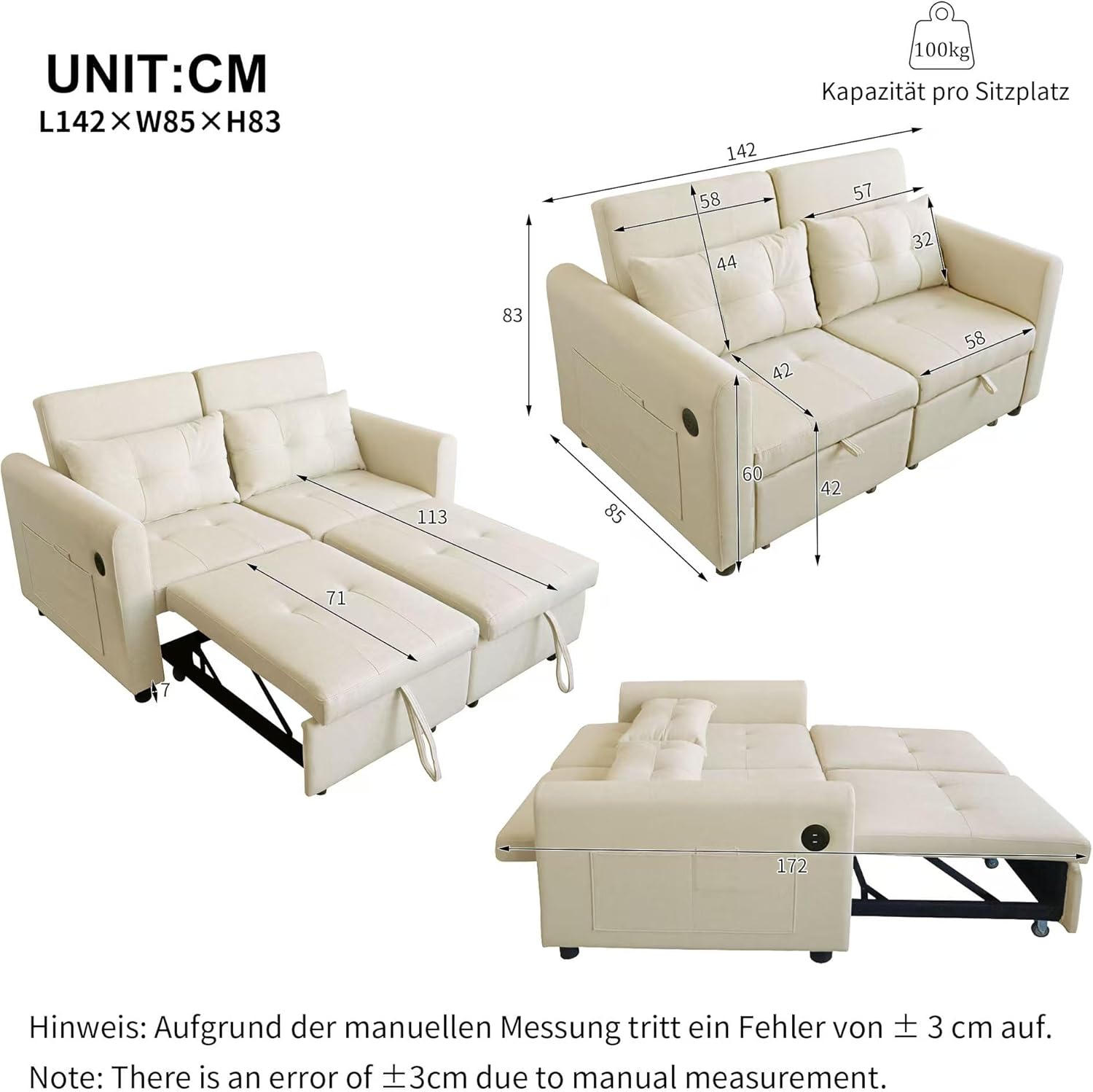 Loveseat-Sofa, 3-in-1-Ausziehsofa mit Verstellbarer Rückenlehne, USB, Armlehnentaschen und Kissen. Geeignet für Wohnzimmer, Schlafzimmer, Wohnung Usw.，Beige