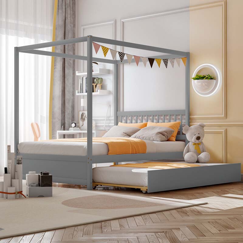 Full Size Canopy Bed With Trundle Solid Wood Platform Bed Frame With Headboard Full Bed For Kids Teens Adults