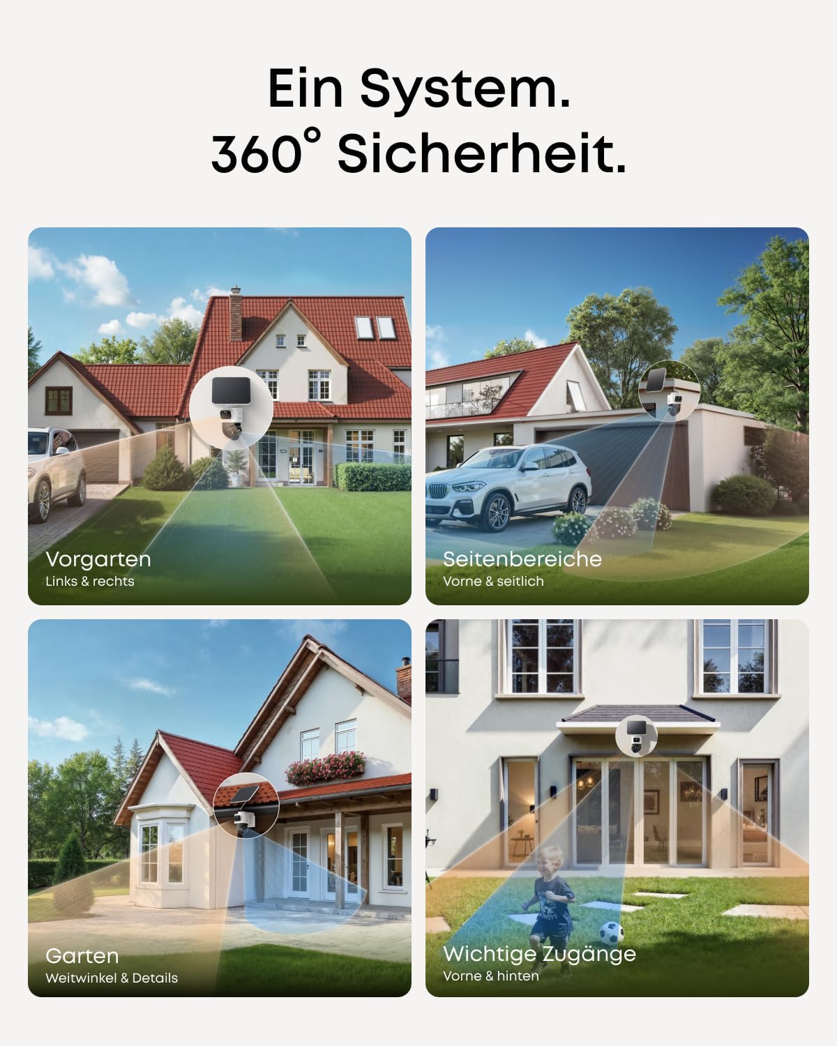 eufy Security eufyCam S4, kabellose Solar‑Outdoor‑Überwachungskamera, 3‑Linsen Bullet‑PTZ‑Kamera, 4K UHD, 360° Multi‑Kamera‑Auto‑Tracking, 8× Hybridzoom, Farbnachtsicht, kompatibel mit HomeBase S380