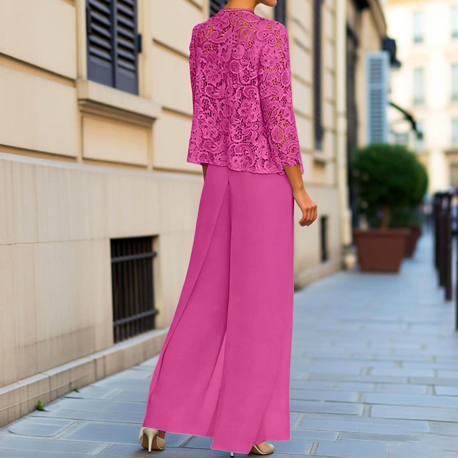 Generisch Damen Elegantes Hosenanzug 3-Teilig Spitzenoberteil Chiffon Cardigan Weite Hose Alltagtauglich