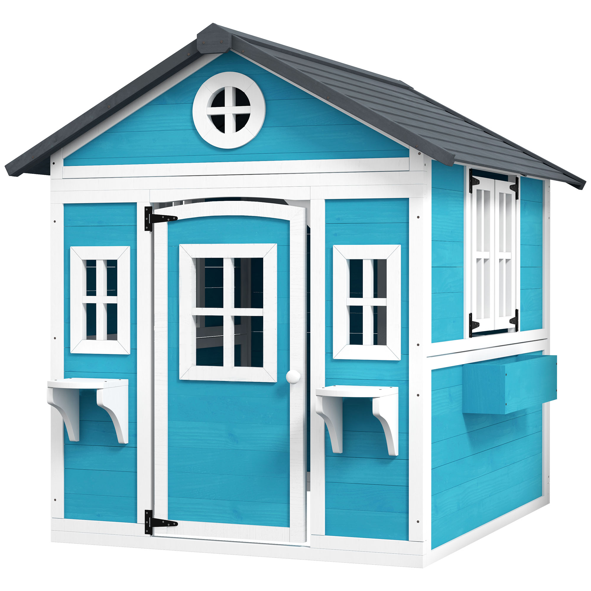Outsunny Kinderspeelhuis, Houten Speelhuis voor Kinderen, Buitentuin Speelhuis met Ramen, Bloempotten, 3-8 Jaar, Blauw